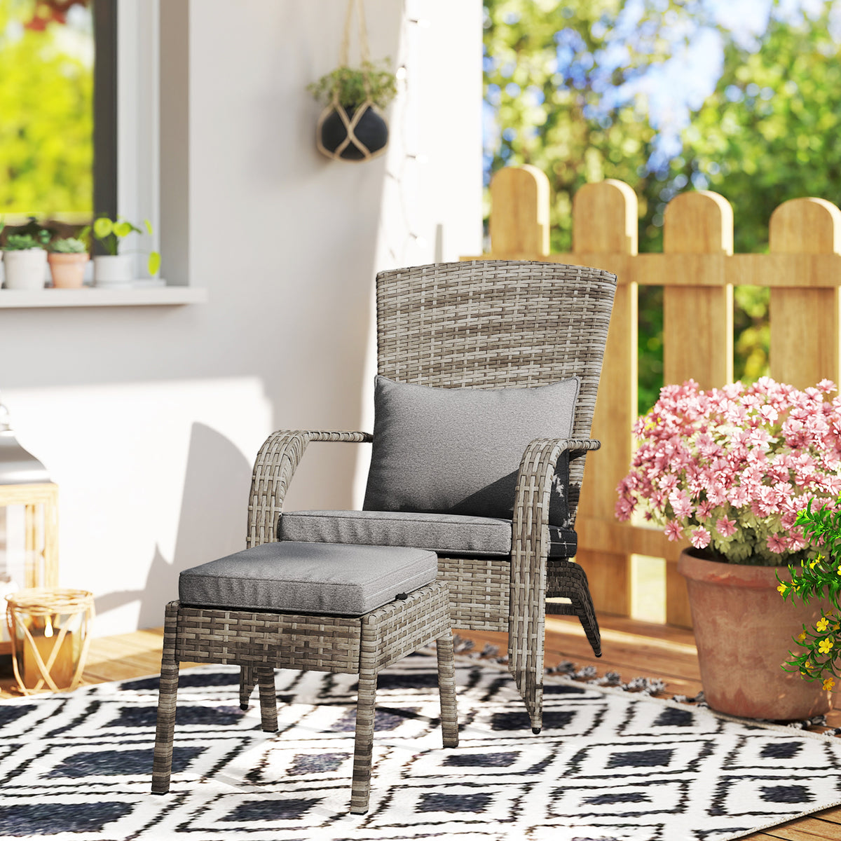 Wicker Adirondack Chair Fire Pit Chair w/ Ottoman & Cushions, Gray