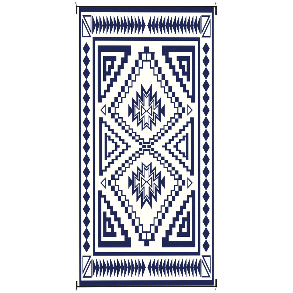 Reversible Outdoor Rug, Waterproof Plastic Straw with Carry Bag, 9' x 18', Blue & White Square Patchwork