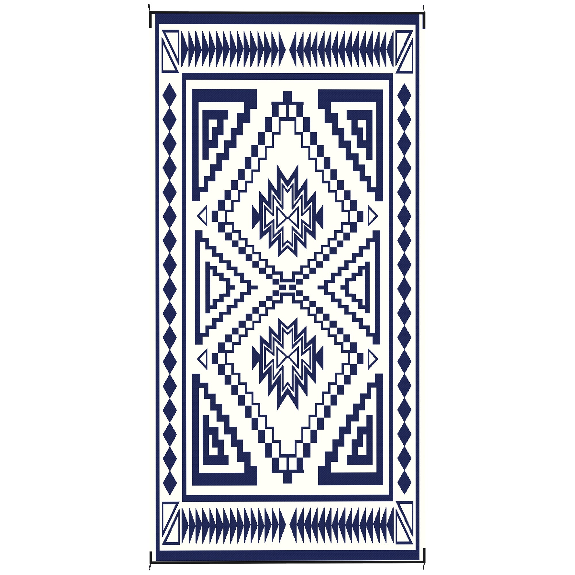 Reversible Outdoor Rug, Waterproof Plastic Straw with Carry Bag, 9' x 18', Blue & White Square Patchwork