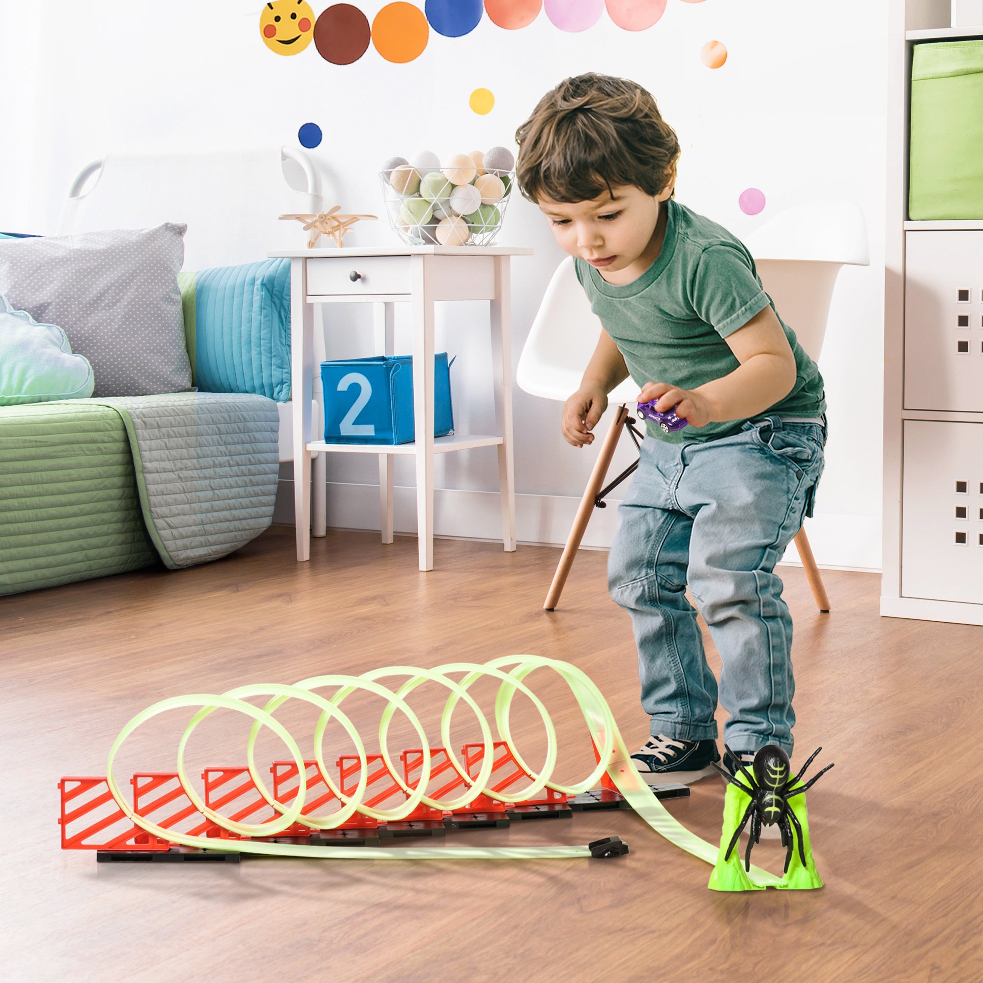 Track Builder Loop Kit Criss-Cross Glowing Race Track Toy Set Spooky Spider Fun Starter Kit, for Kids 3-6, Lime Green