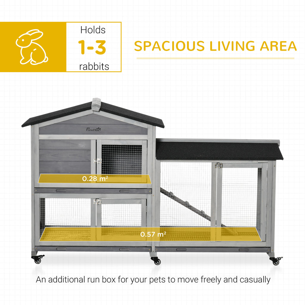 62" Wooden Mobile Rabbit Hutch with Wheels, Run Box, Slide-out Tray, Ramp