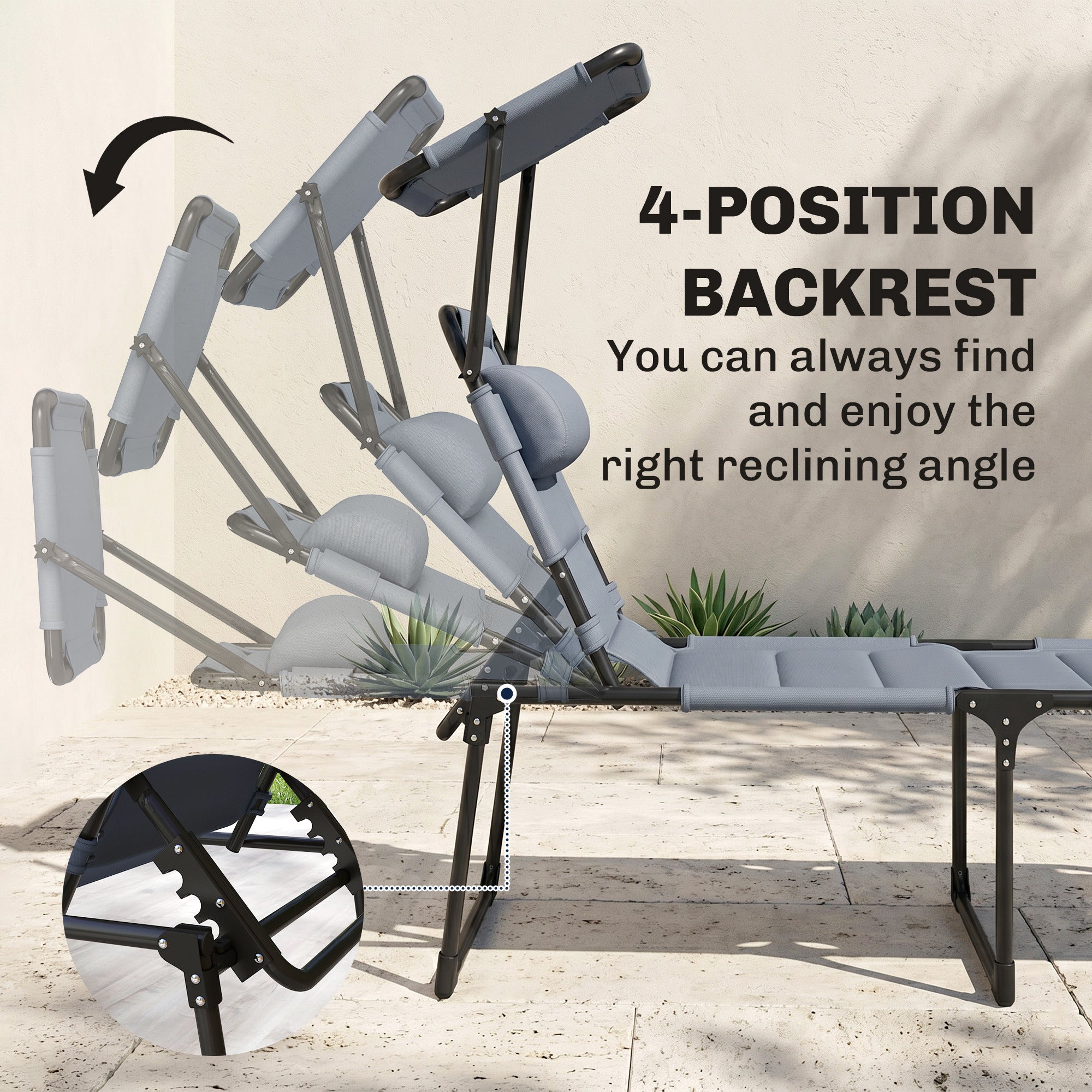 Outdoor Lounge Chair, 4 Position Adjustable Backrest, Folding, Cushioned w/ Sun Shade Roof & Pillow, Gray