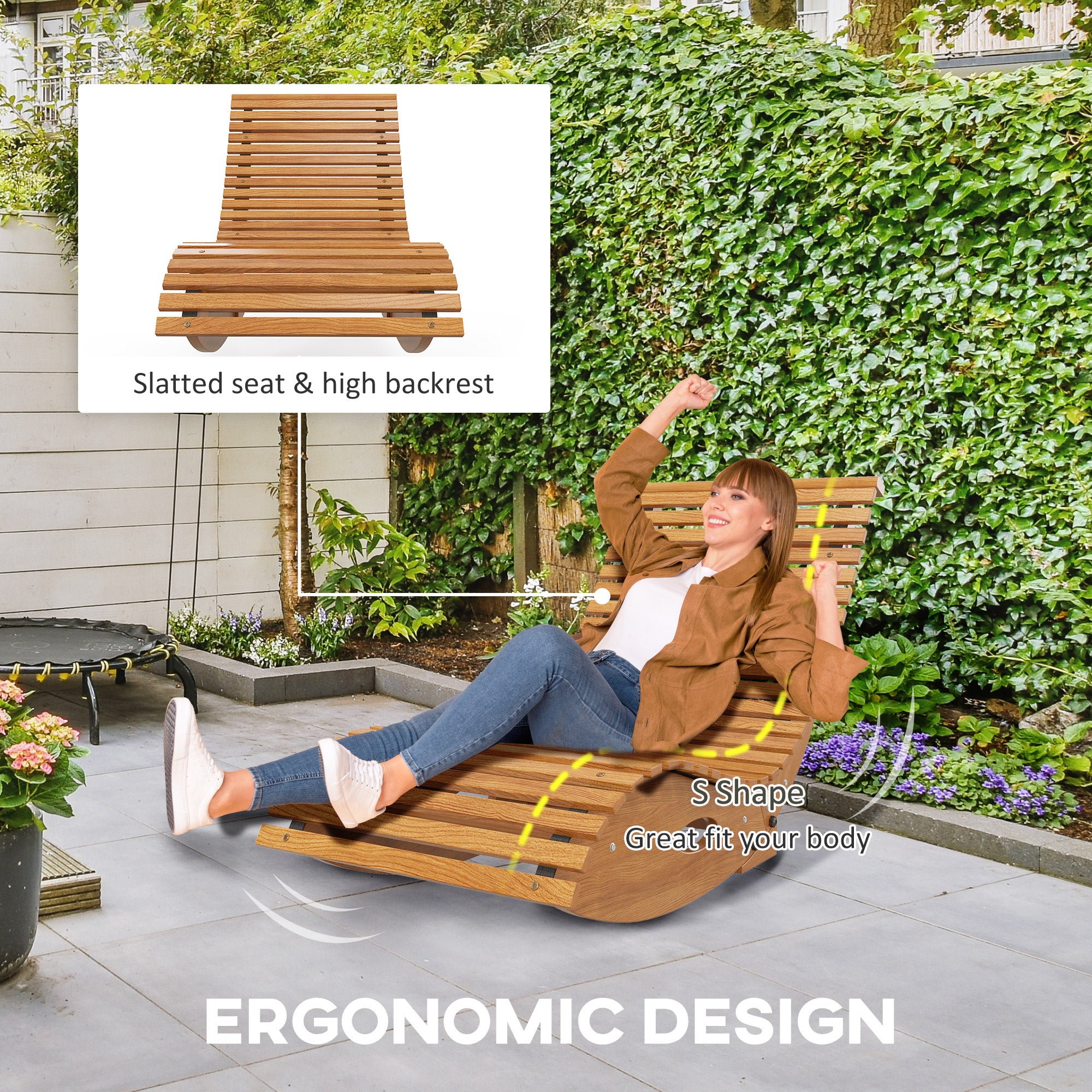 Outdoor Rocking Chair w/ Slatted Seat, Wooden Rocking Chair, 51.25" x 23.5" x 23.5", Teak
