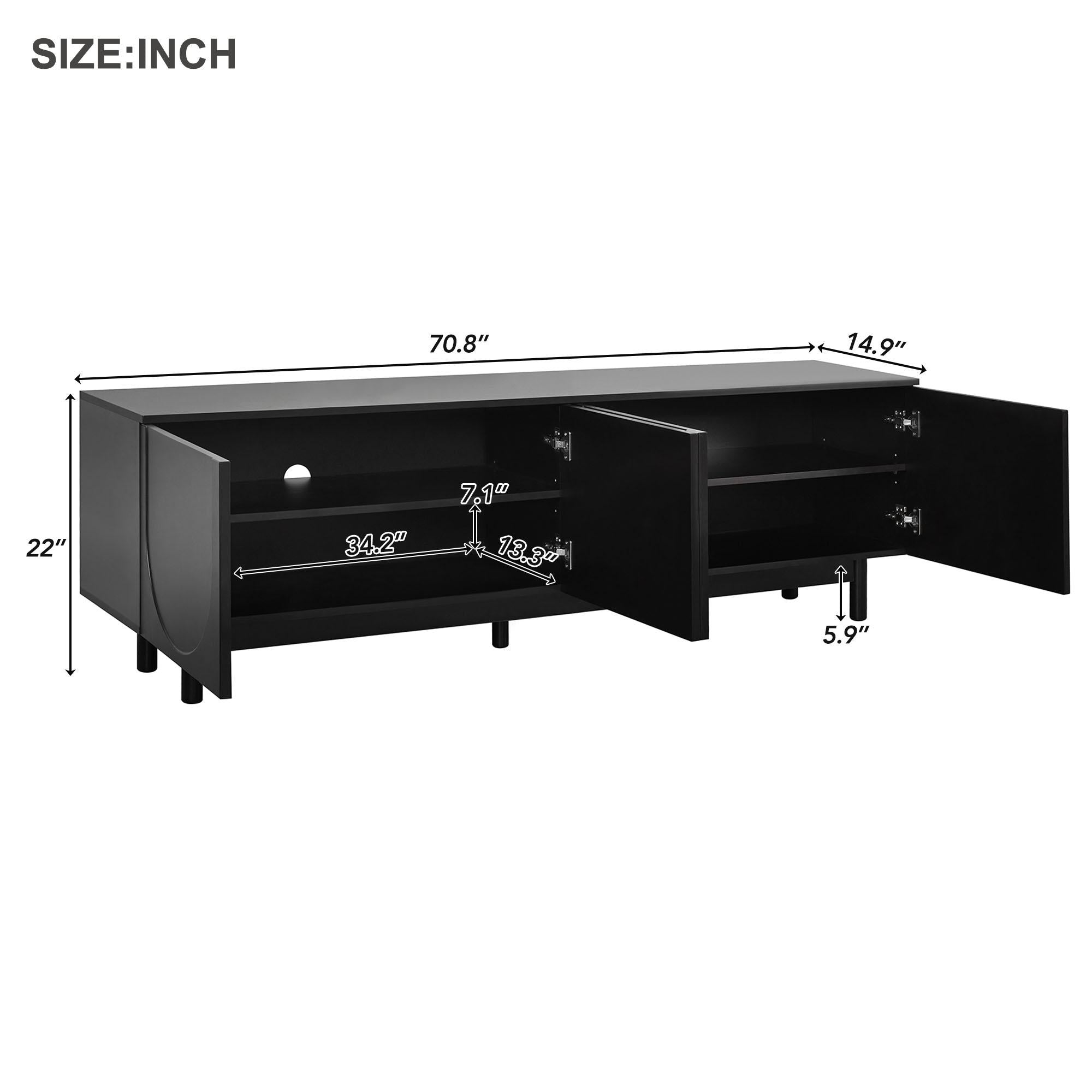 Graceful TV Stand with Arch Cabinets for TVs Up to 78", Minimalist Entertainment Center with Solid Wood Legs and Adjustable Shelves, Black