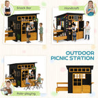 Outdoor Playhouse, Wooden Kids Playhouse w/ Picnic Table & Benches, Chalkboards, Half Door, Windows, for Kids Ages 3-8