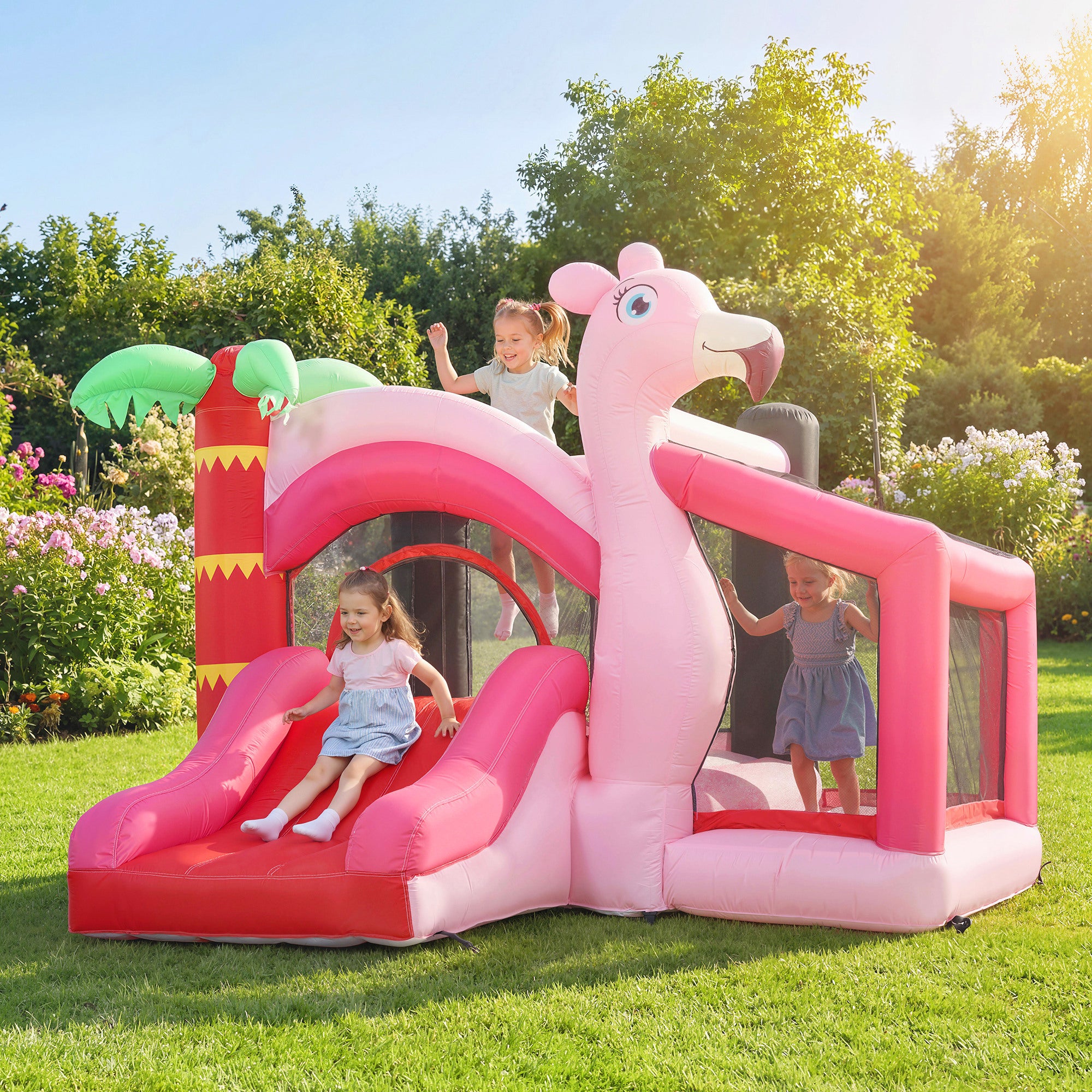 Inflatable Bounce House with Ball Pool, Basketball Hoop, Jumping Bouncy Castle with Blower for Indoor Outdoor, Pink