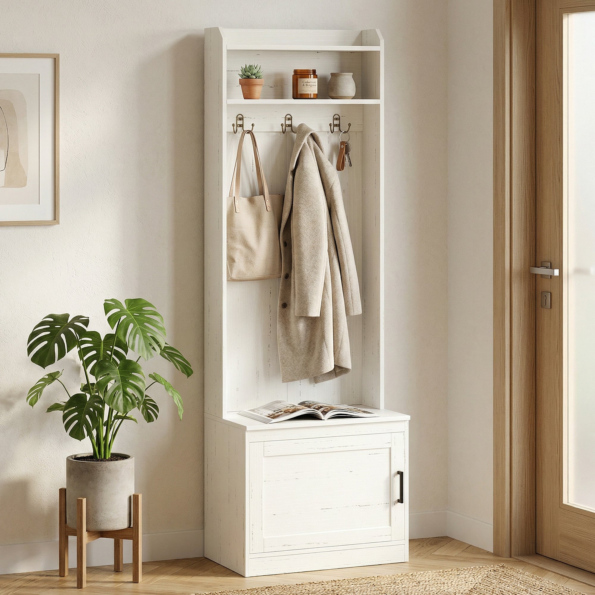 Narrow Hall Tree with Shoe Storage Bench, Rustic Entryway Bench with Coat Rack, Accent Coat Tree with Storage Shelves for Hallway, Mudroom, White Wood Grain