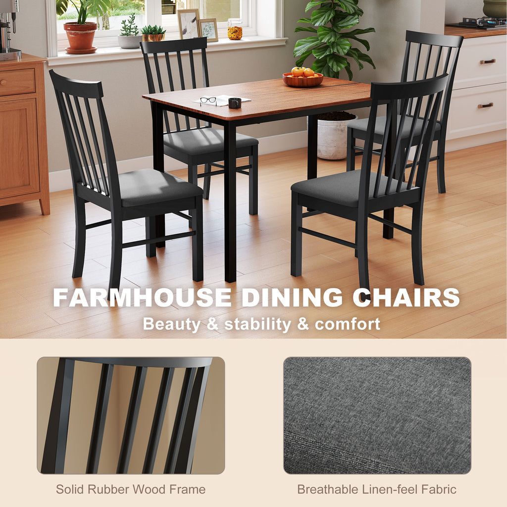 Wooden Dining Chairs Set of 4, Farmhouse Upholstered Kitchen Chairs with Rubber Wood Frame, Black and Gray