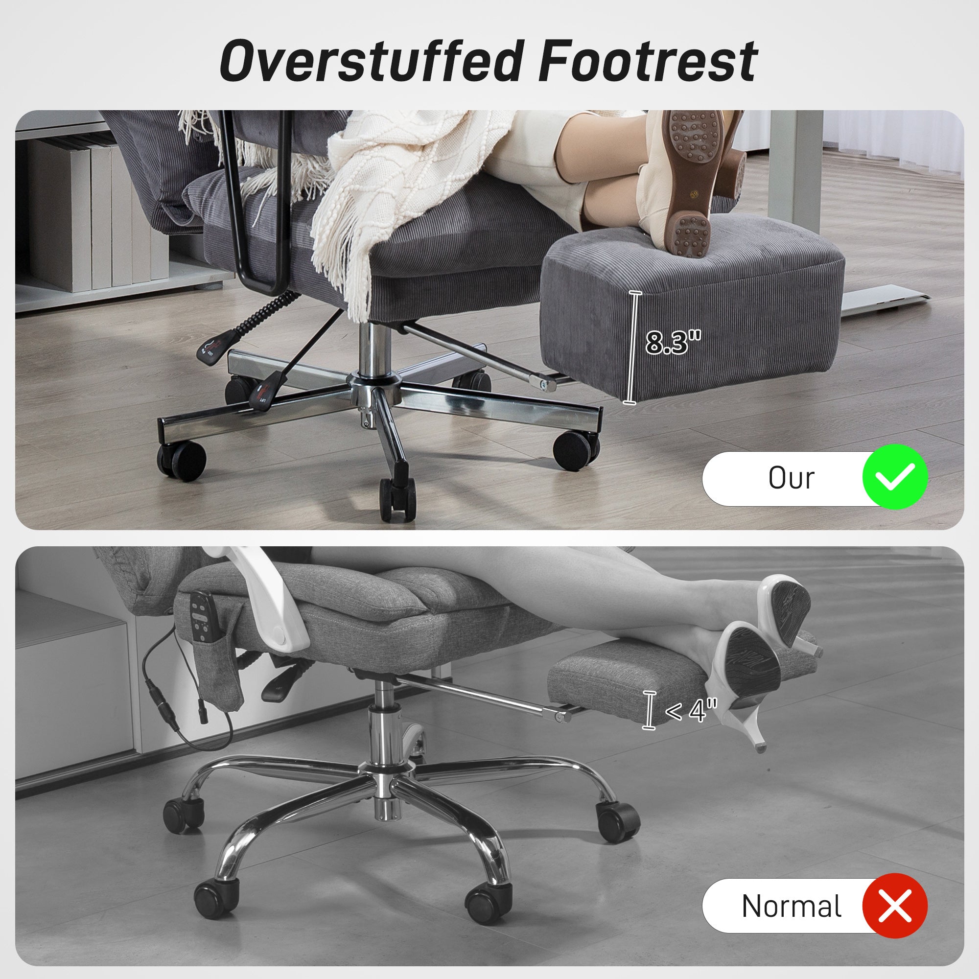 Executive Office Chair with Lumbar Support, Footrest, High Back Reclining Overstuffed Desk Chair with, Gray