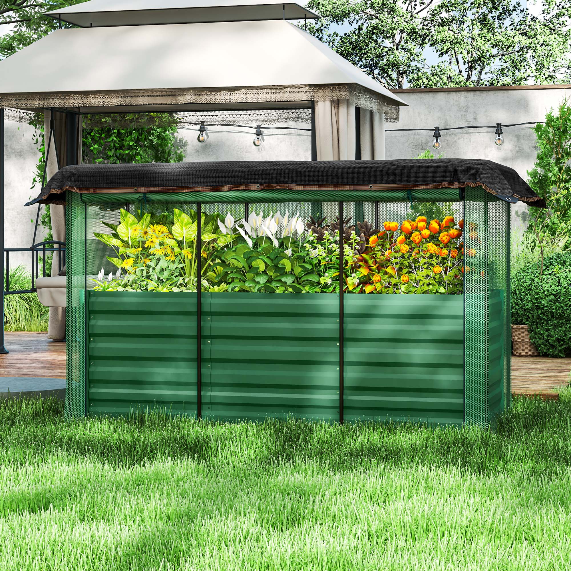 Galvanized Steel Planter Box with Crop Cage and Shade Cloth, Raised Garden Bed for Flowers, Veggies and Herbs, Green