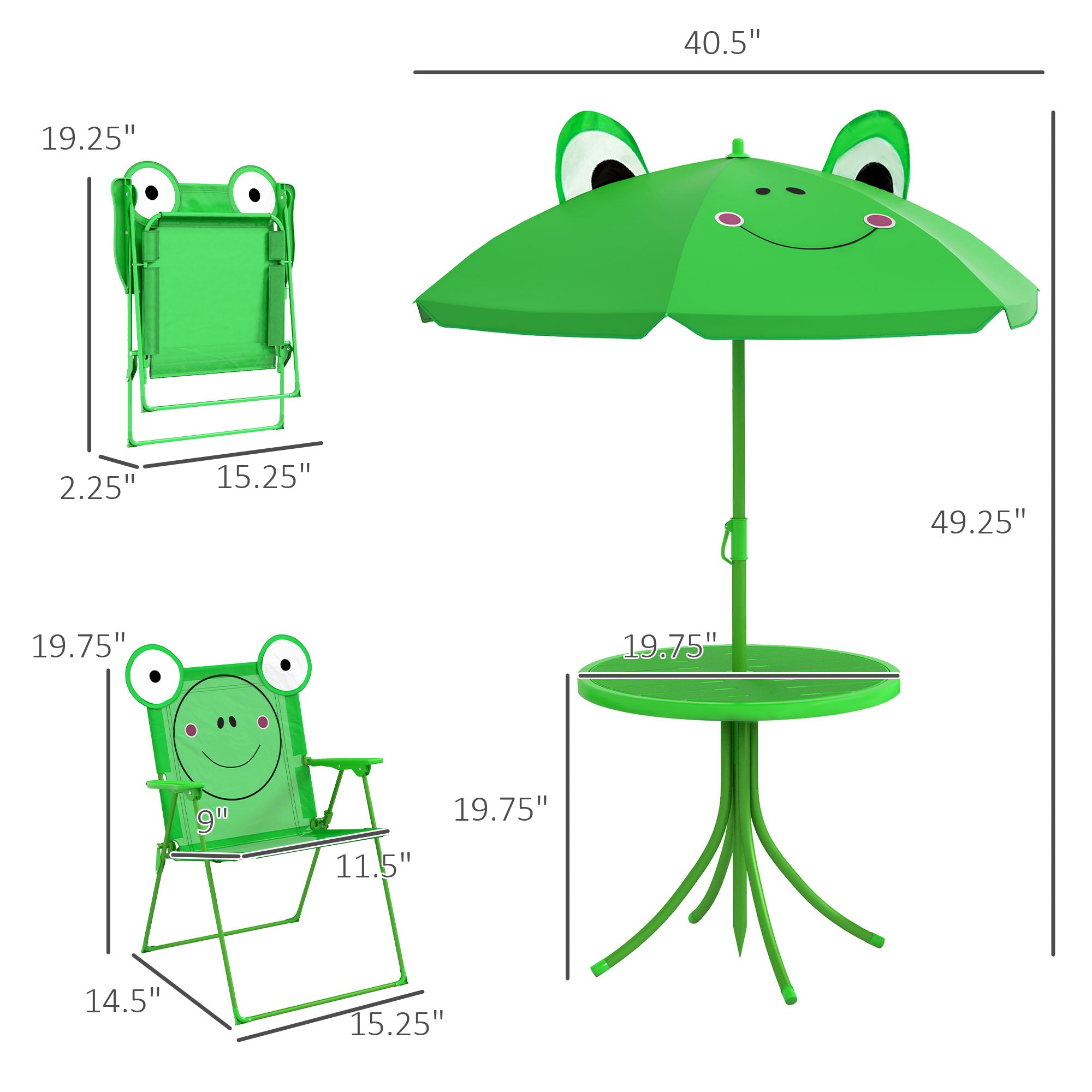 Kids Table and Chair Set, Outdoor Folding Garden Furniture, Picnic Table for Patio Backyard, with Removable & Height Adjustable Sun Umbrella, Green Frog