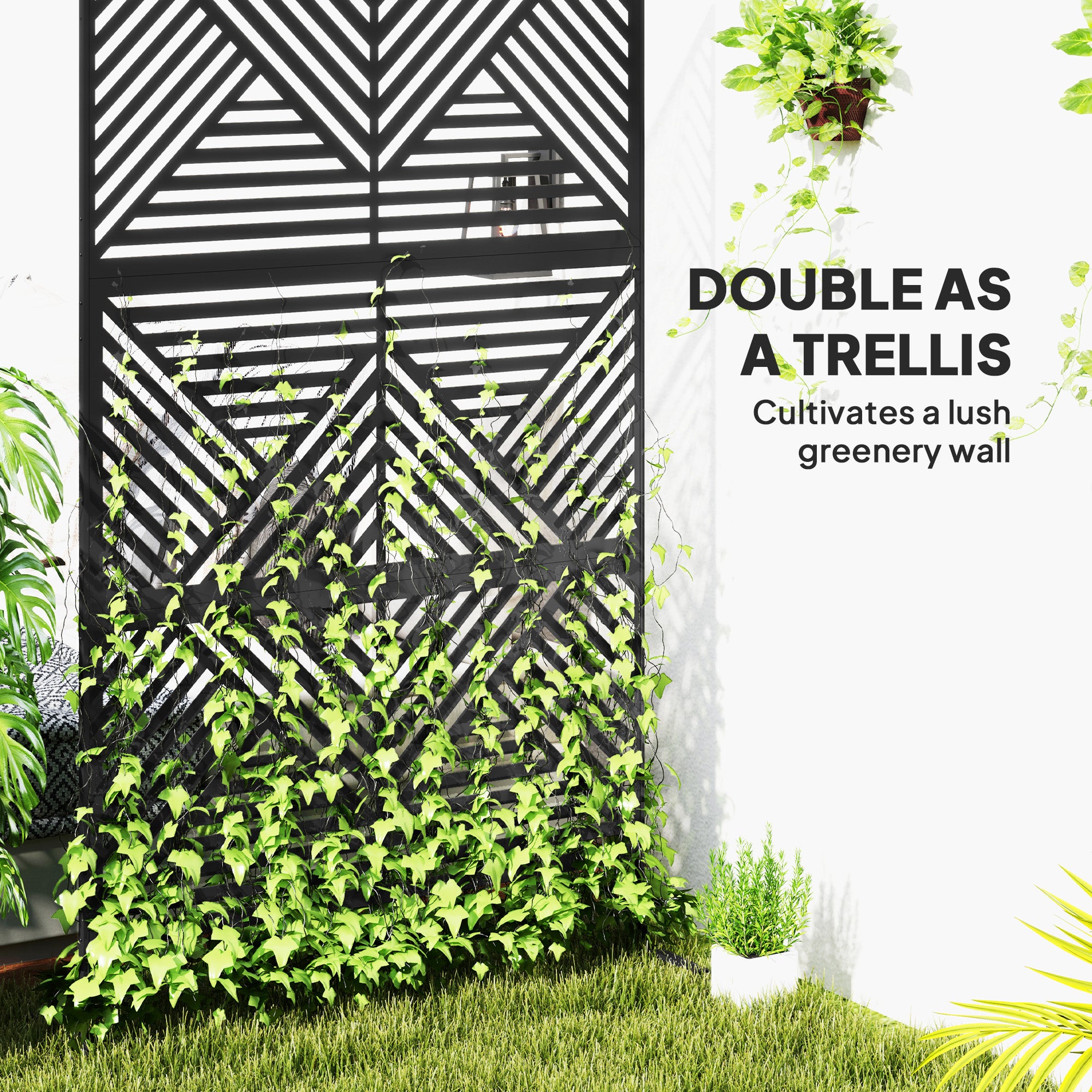 Decorative Privacy Fence Screen, Metal Outdoor Privacy Screen Climbing Plant Trellis with Stand, Rhombus Black