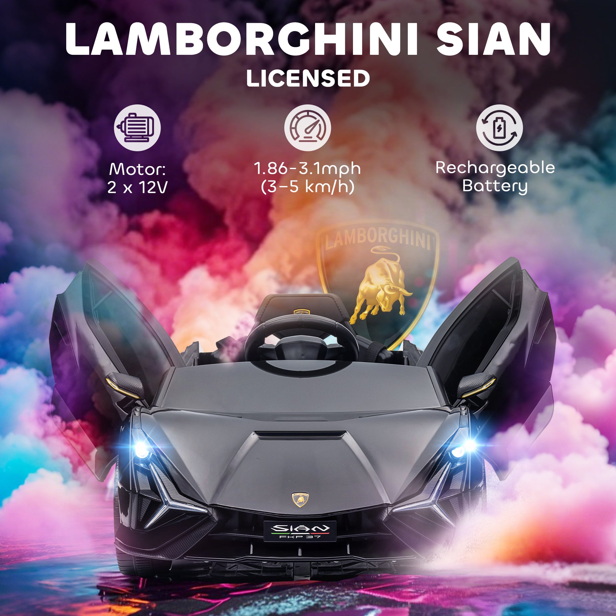 12V SIAN Licensed Electric Car for kids with Remote Control, Horn, Music, & Headlights, Black