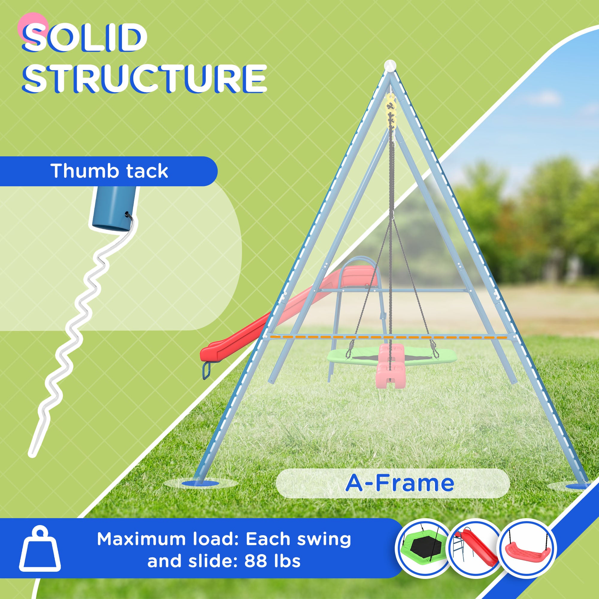 Metal Swing Set for Backyard, 3 in 1 Design with 1 Nest Swing, 2 Seats, 1 Slide, Holds Up to 352 lbs. for Ages 3-8