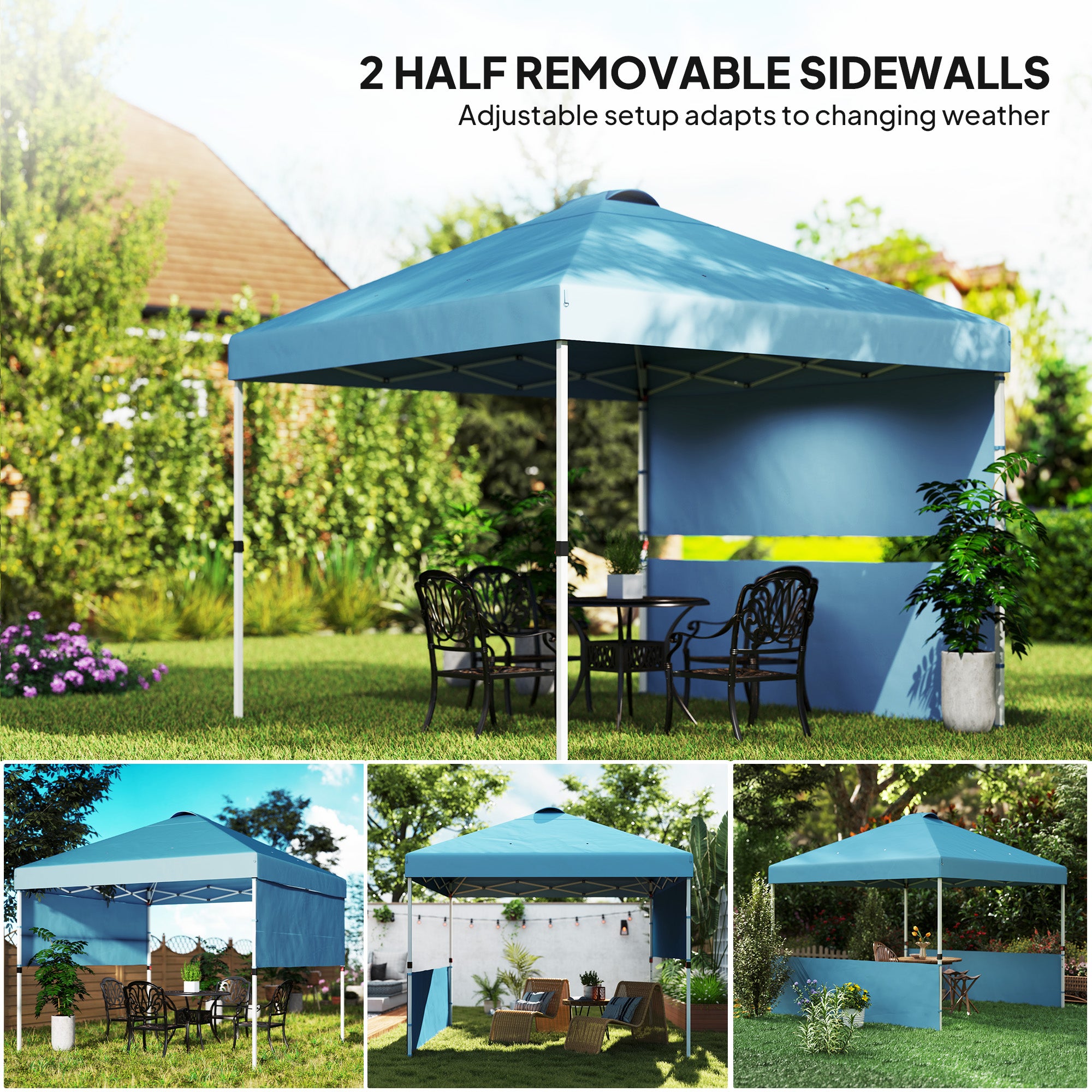 10' x 10' Pop Up Canopy Tent with 2 Half Sidewalls, UV50+ Instant Sun Shelter with Wheeled Carry Bag, Sea Blue
