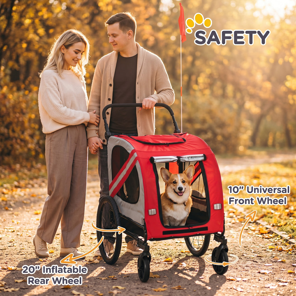 2-in-1 Pet Bike Trailer for Small Medium Dogs, Road-Visibility Dog Stroller Bicycle Carrier, Weather-Strong Bike Wagon Trailer Sidecar Attachment, Red