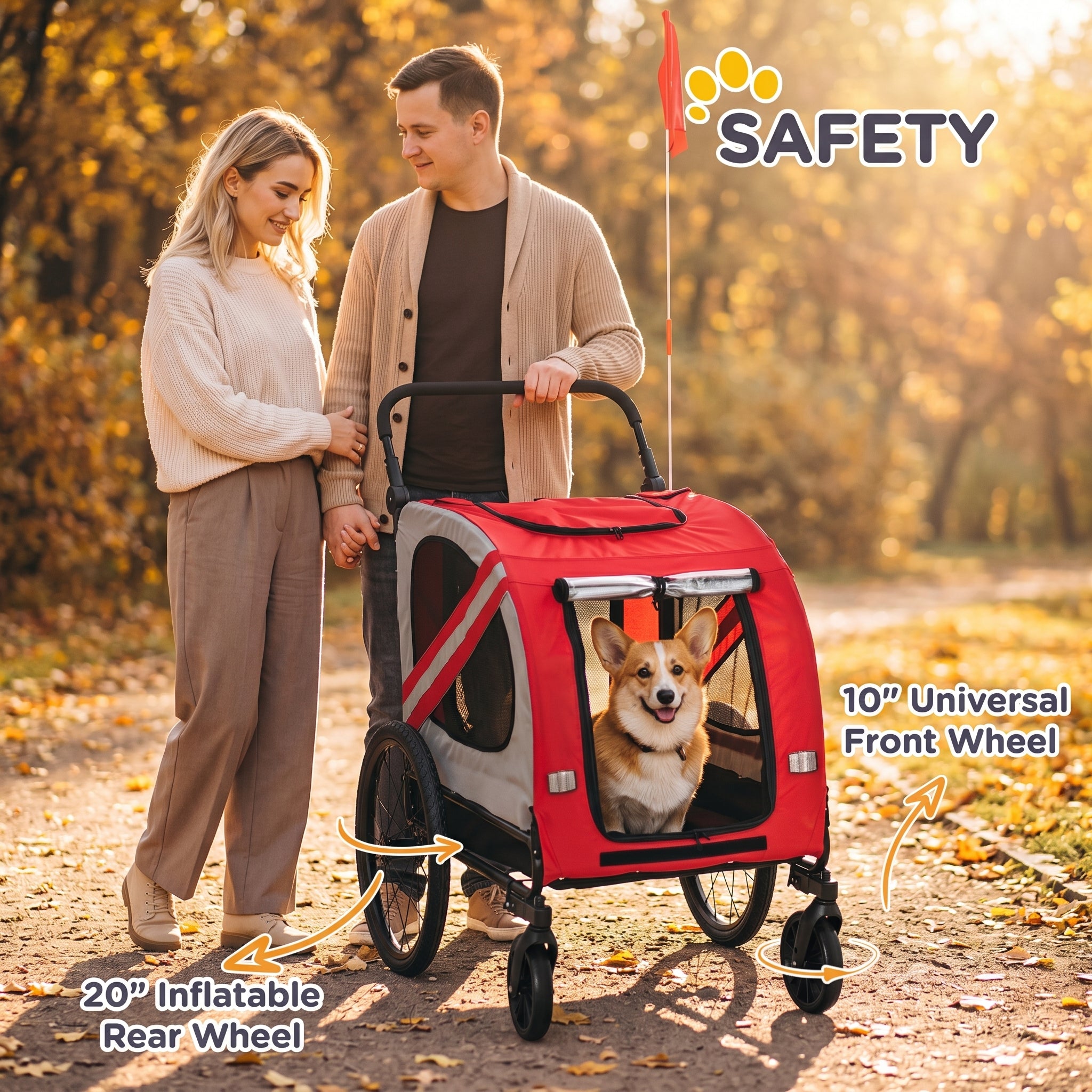 2-in-1 Pet Bike Trailer for Small Medium Dogs, Road-Visibility Dog Stroller Bicycle Carrier, Weather-Strong Bike Wagon Trailer Sidecar Attachment, Red