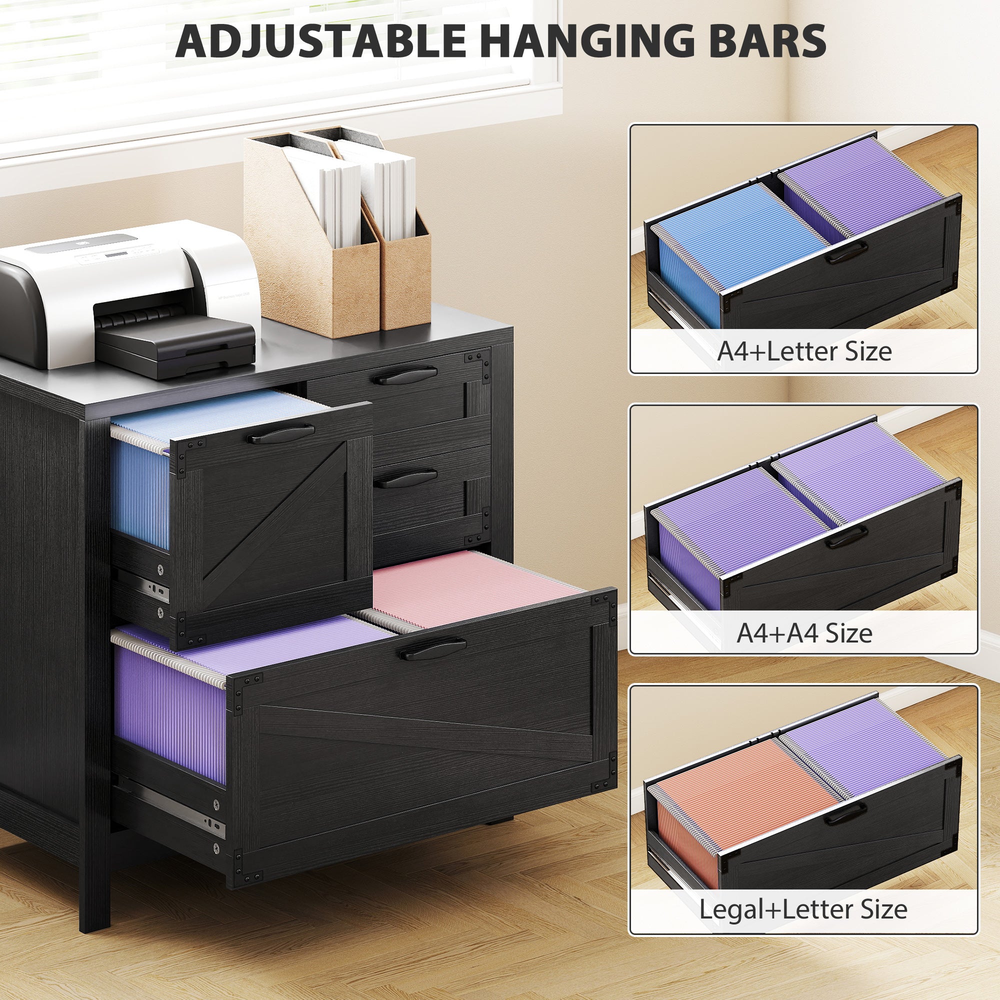 Lateral Filing Cabinet, Farmhouse File Cabinet with 4 Drawers, Fit Letter/A4/Legal Hanging Files, Black