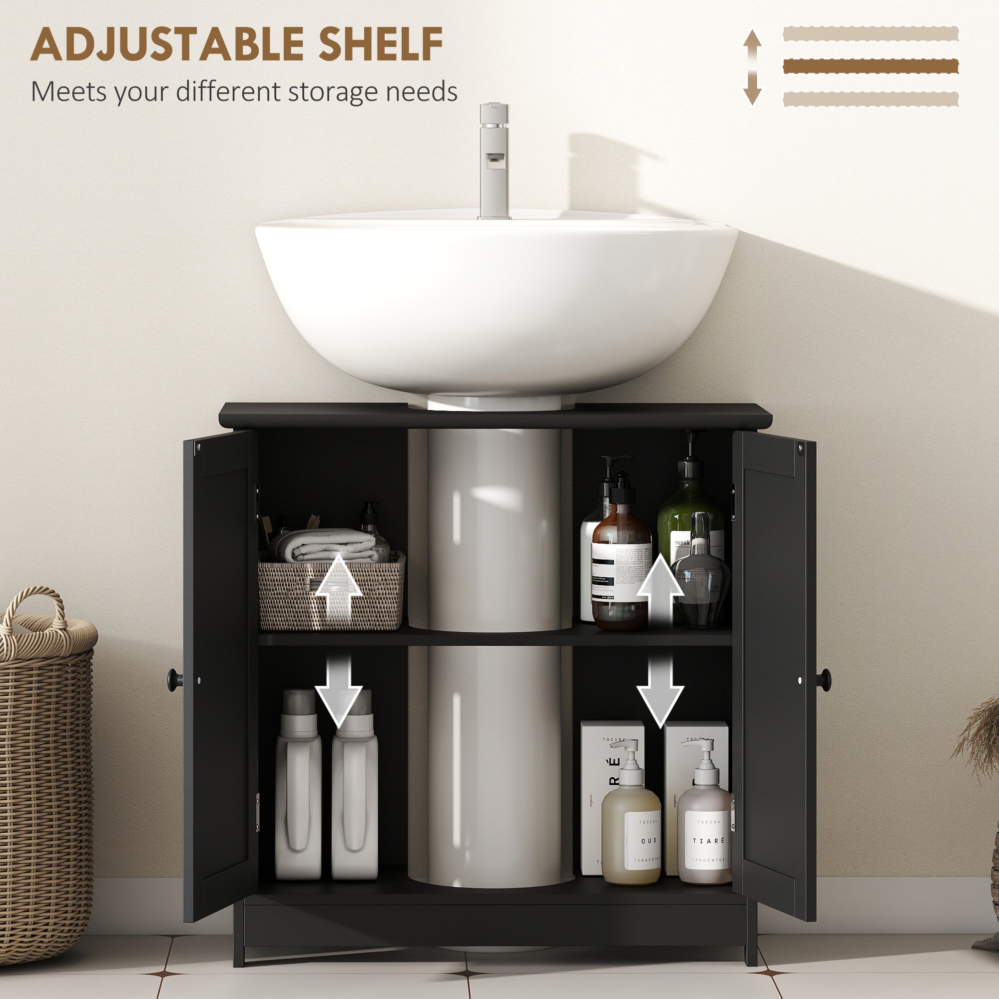 Under Sink Bathroom Cabinet, Pedestal Sink Storage Cabinet with 2 Doors, Shelf and U-Shape, Black
