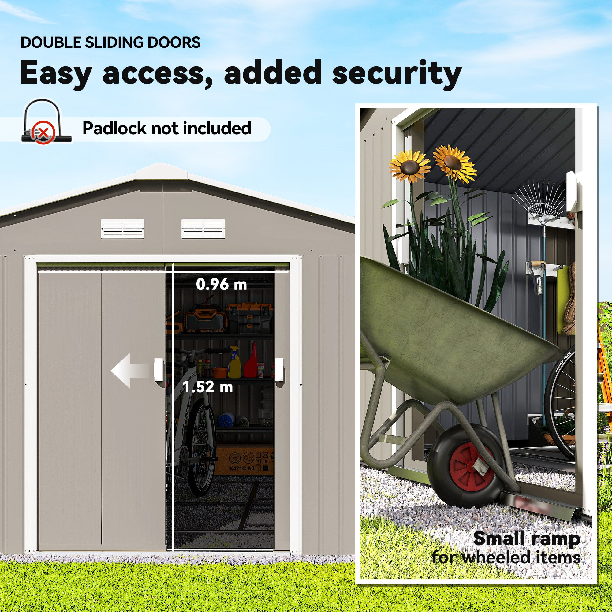 Garden Metal Shed, Storage Shed Utility Storage with Double Locking Doors for Bike, Yard Tools, Light Gray