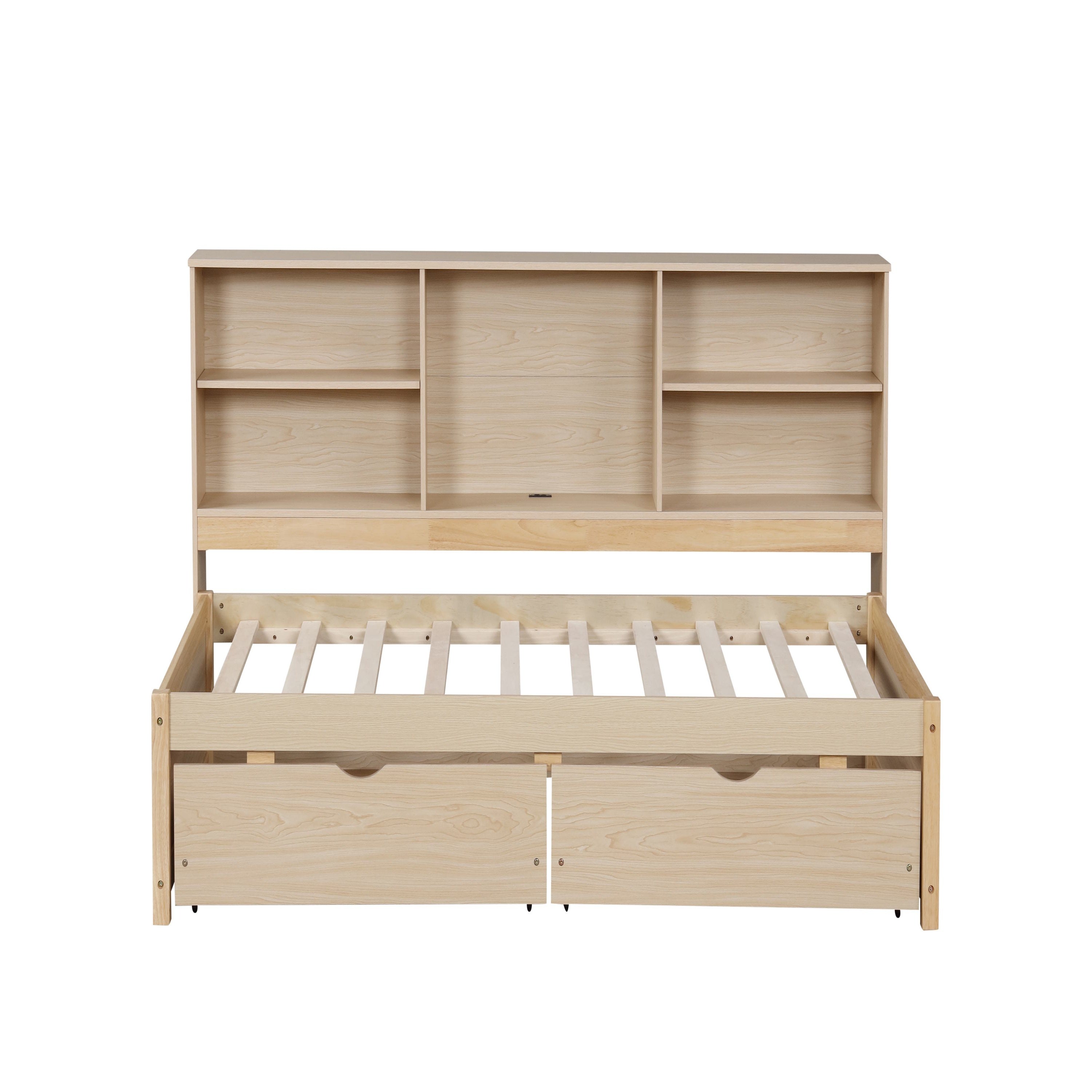 Twin Size Bed Frame with Side Bookshelves, Two Drawers, Built-in USB Port, and Adjustable Shelves, 81" L x 50" W x 41" H, Natural