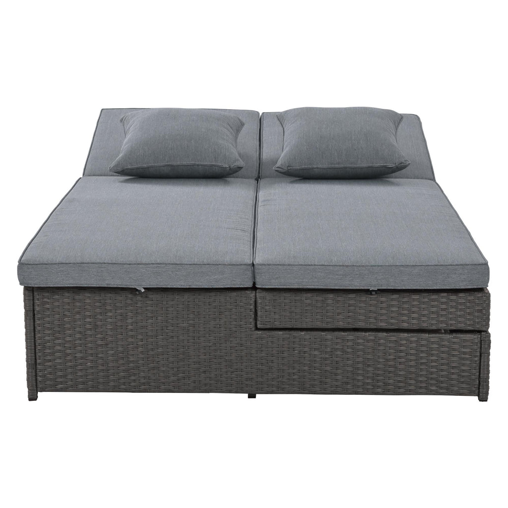 Outdoor Patio Sunbed with Adjustable Backrest & Side Tray, Wicker Rattan Lounger with Thick Cushion, 47" L x 29.5" W x 15" H, Gray