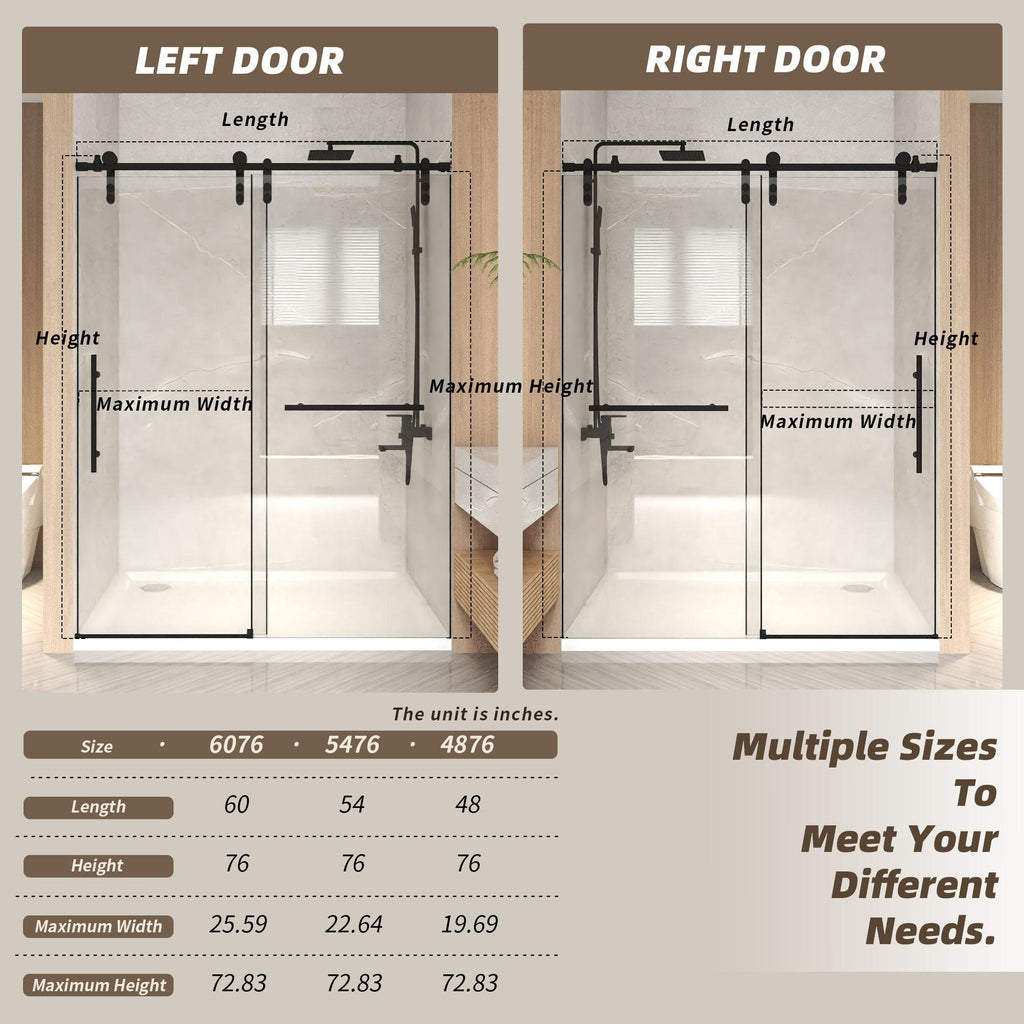 Sliding Shower Door with Waterproof Seals and Tempered Glass, Bathroom Door with Towel Bar Handle, 60" L x 0.5" W x 76" H, Matte Black