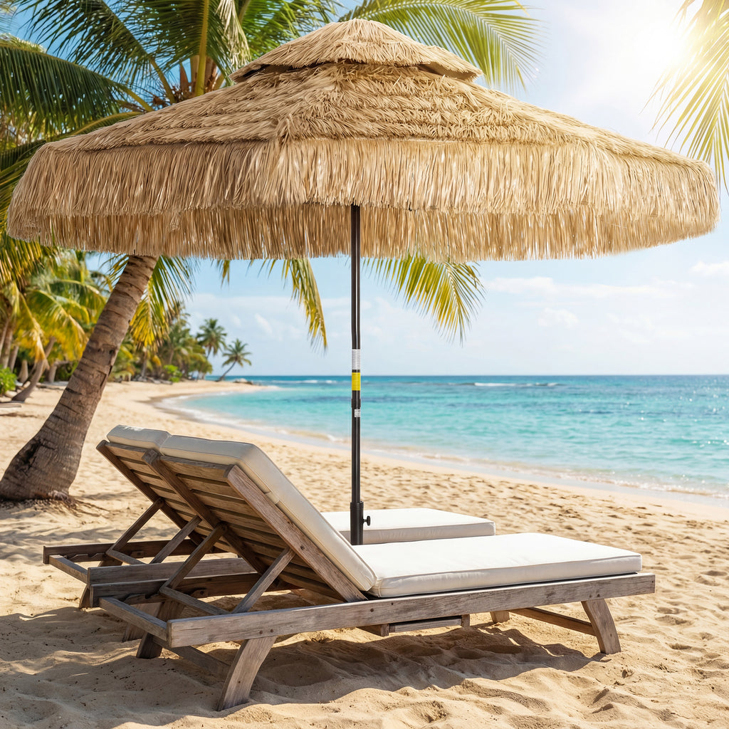 8.5 FT Hula Thatched Tiki Patio Umbrella, 2-Tier Tropical Hawaiian Style Outdoor Umbrella with 8 Ribs, UPF30+, Khaki