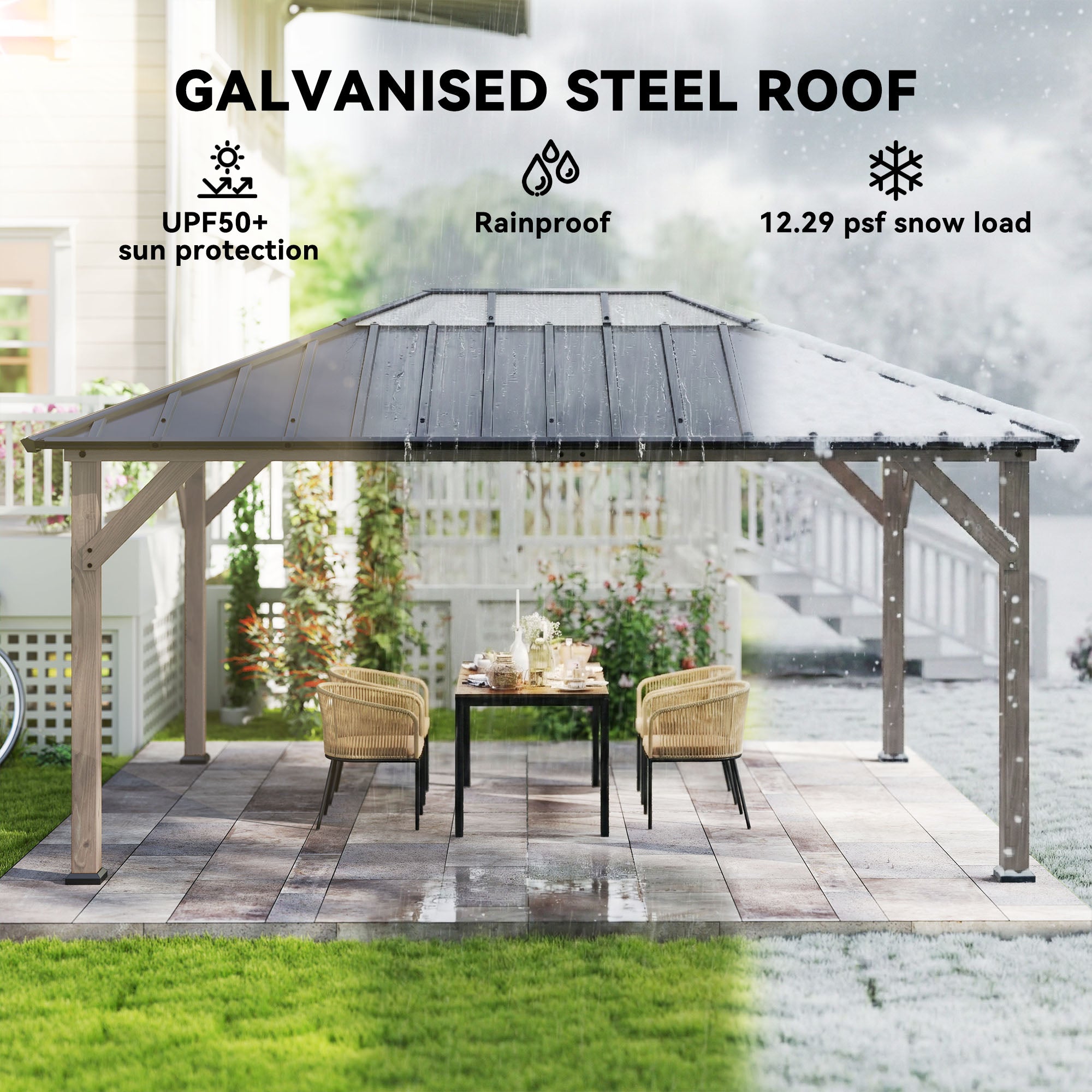 12' x 16' Hardtop Gazebo with Galvanized Steel Roof, UPF50+ Wood Permanent Pavilion with Clear Roof Top, Light Walnut