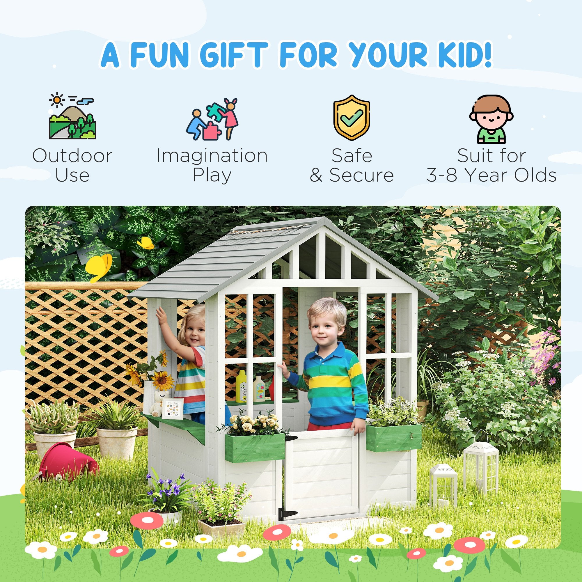 Kids Wooden Playhouse, Outdoor Garden Games Cottage with Flowers Pot Holder, Working Door, Windows, White