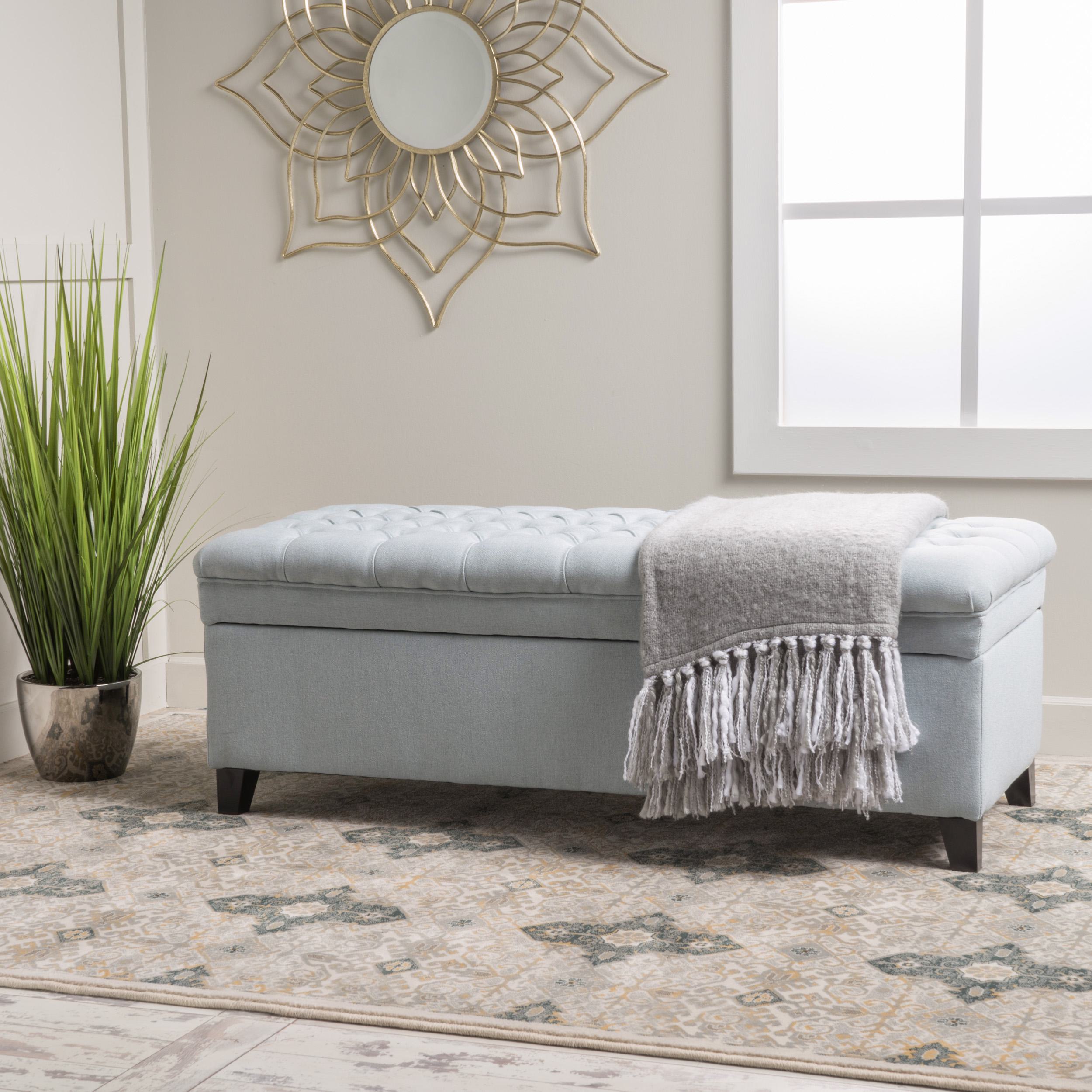 Storage Ottoman with Birch Legs, Hand-Tufted Fabric, 50" L x 20.5" W x 18.25" H, Spot Clean, Light Blue Gray
