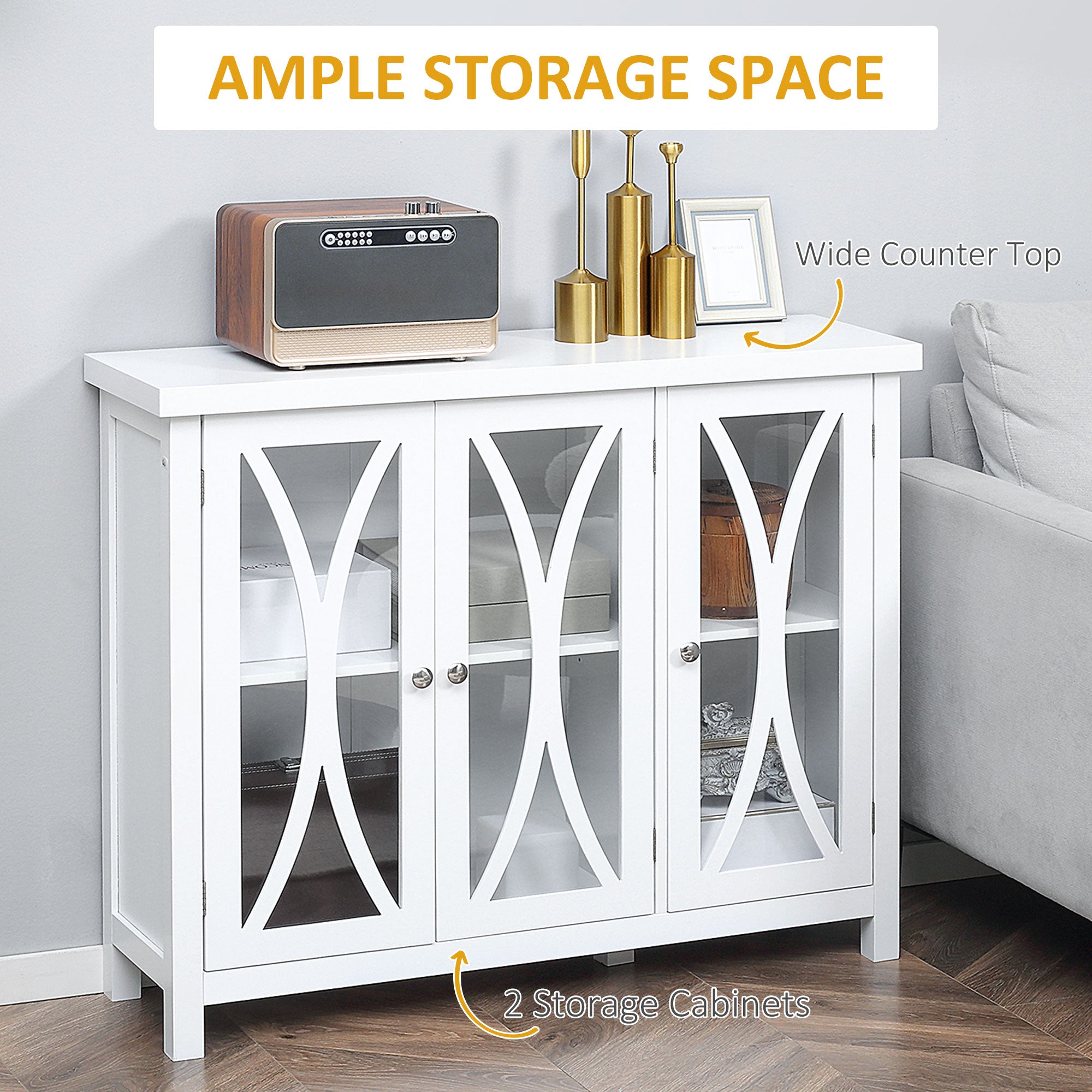 Sideboard, Buffet Cabinet with 3 Tempered Glass Doors, Arc Pattern and Adjustable Storage Shelf, Credenza, White
