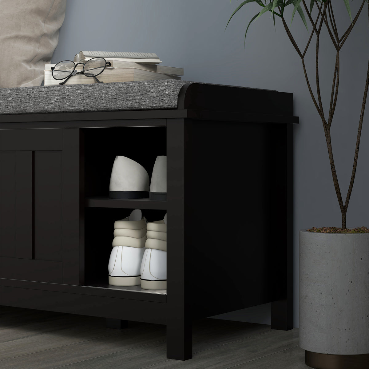 Modern Shoe Storage Bench, Entry Way Bench with Cushion, 2 Sliding Doors, Storage Ottoman Bench, Holds 10 Pairs, Black