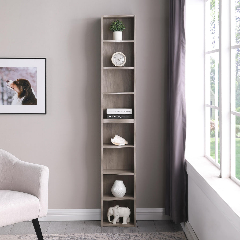 8-Tier Adjustable Slim Bookshelf with Adjustable Shelves, Anti-Tip Hardware, Detachable Cabinets for Living Room, 11.5" L x 9.5" W x 71" H, Gray