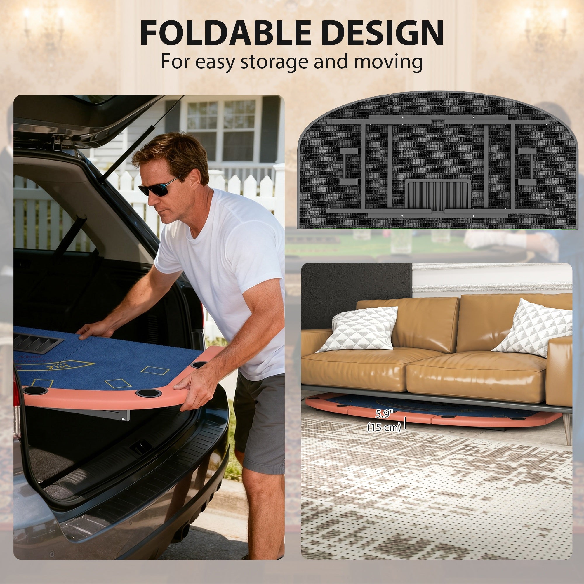 Poker Table Foldable, 72" Portable Casino Blackjack Table for 8 Players with Felt Surface, Cup Holders, Blue