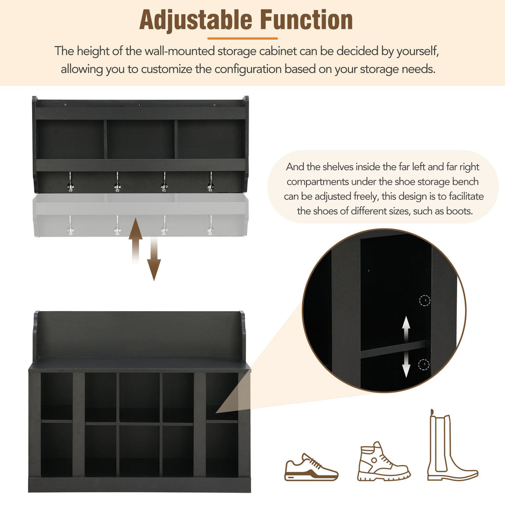 Shoe Cabinet Storage with Shelves and 4 Hooks, Elegant Hall Tree with Wall Mounted Coat Rack, Entryway Organizer for Hallway, Mudroom, Black