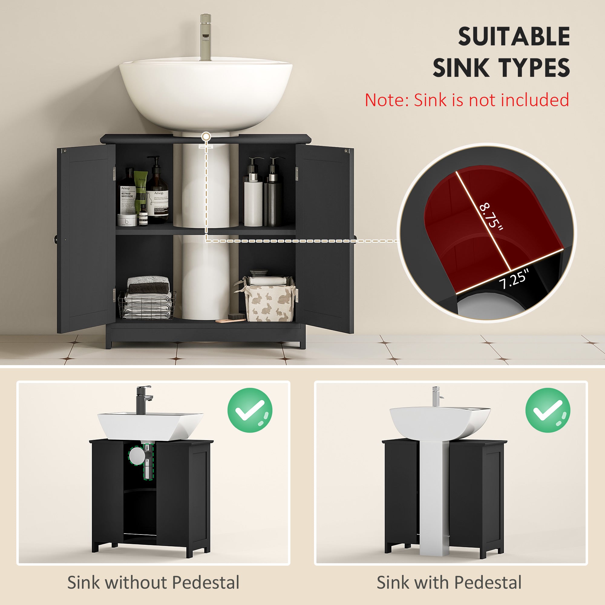 Pedestal Sink Storage Cabinet, Bathroom Sink Cabinet with U-Shape Cut-Out and Adjustable Shelf, Black