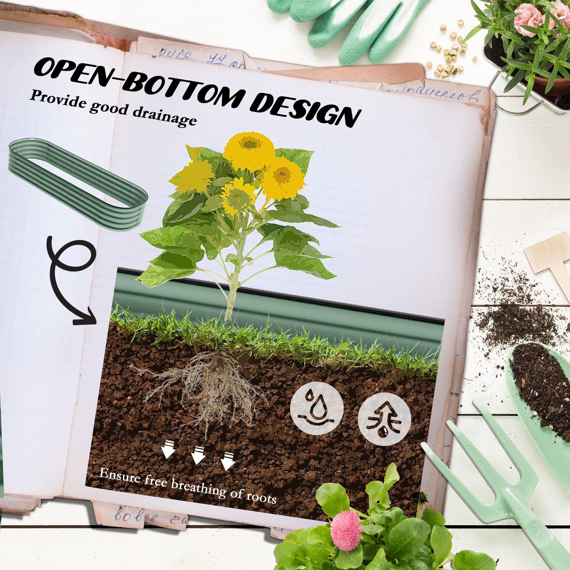 6.4' x 2' x 1' Galvanized Raised Garden Bed Kit, Metal Planter Box with Safety Edging, Green