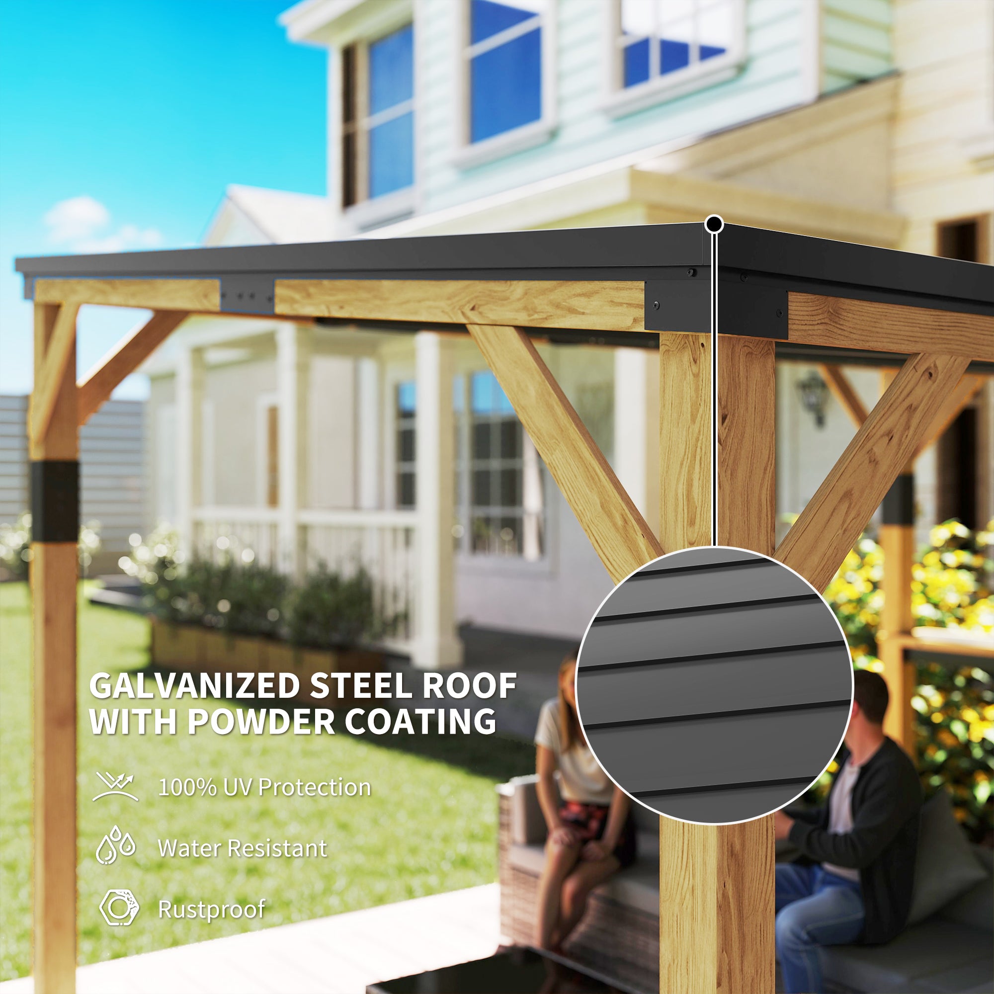 10' x 14' Wooden Gazebo, Hardtop Lean-to Gazebo Pergola with Galvanized Steel Sloped Roof, Bar Shelf, Natural Wood