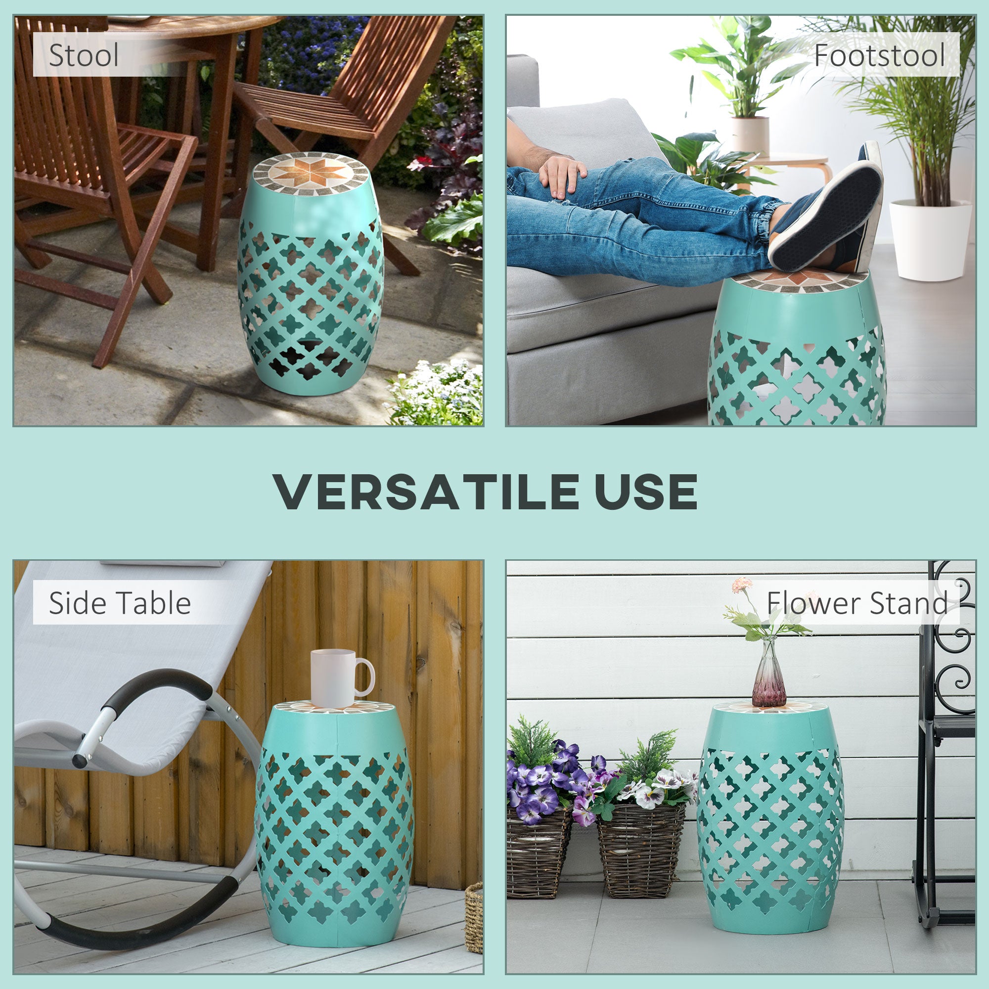 Decorative Outdoor Stool, 12" Round Patio Side Table, Mosaic Accent Plant Stand for Garden, Balcony, Blue