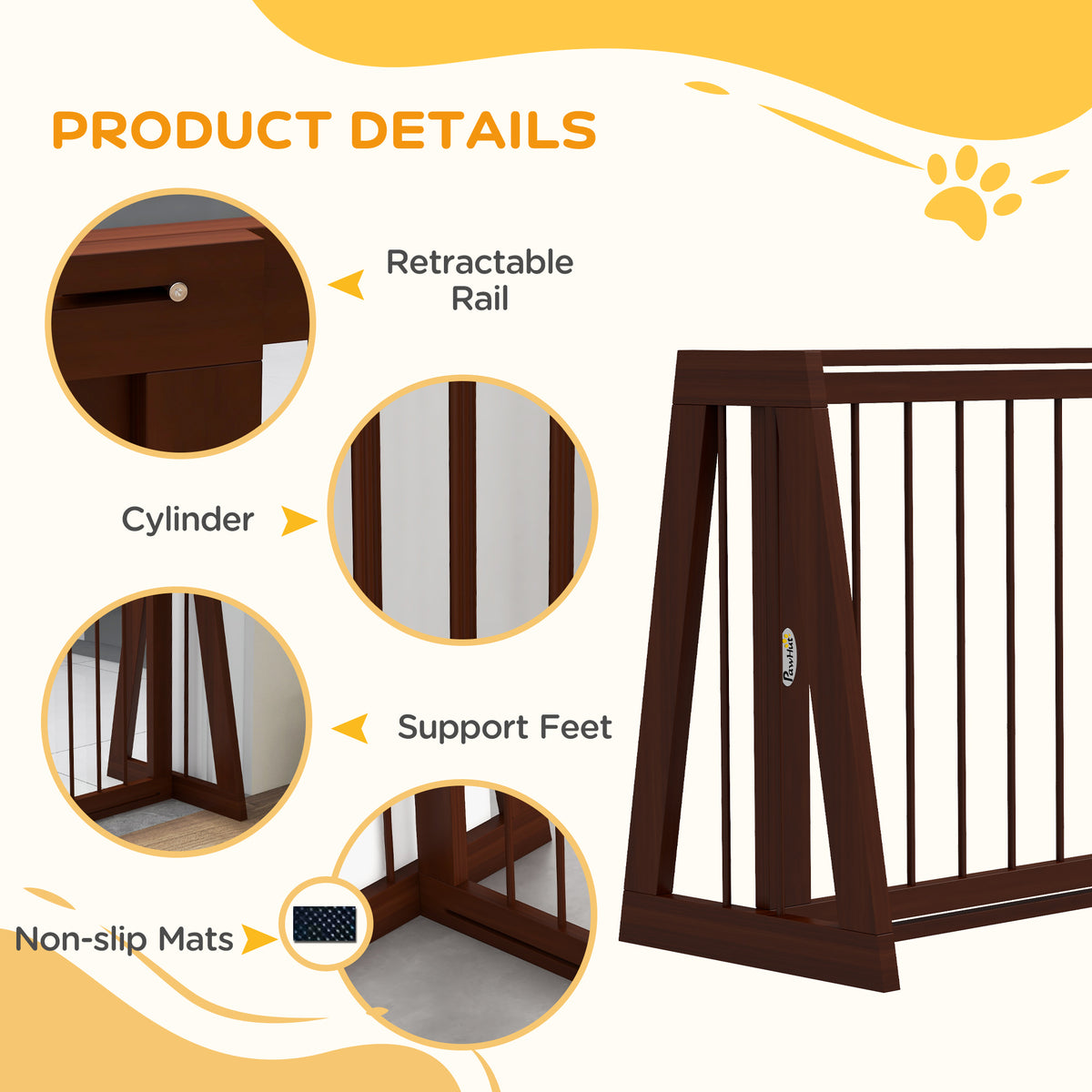 28"-75" Freestanding Wooden Pet Gate with Support Feet & Non-Slip Mats for Indoor, Stairway, Doorway, Brown