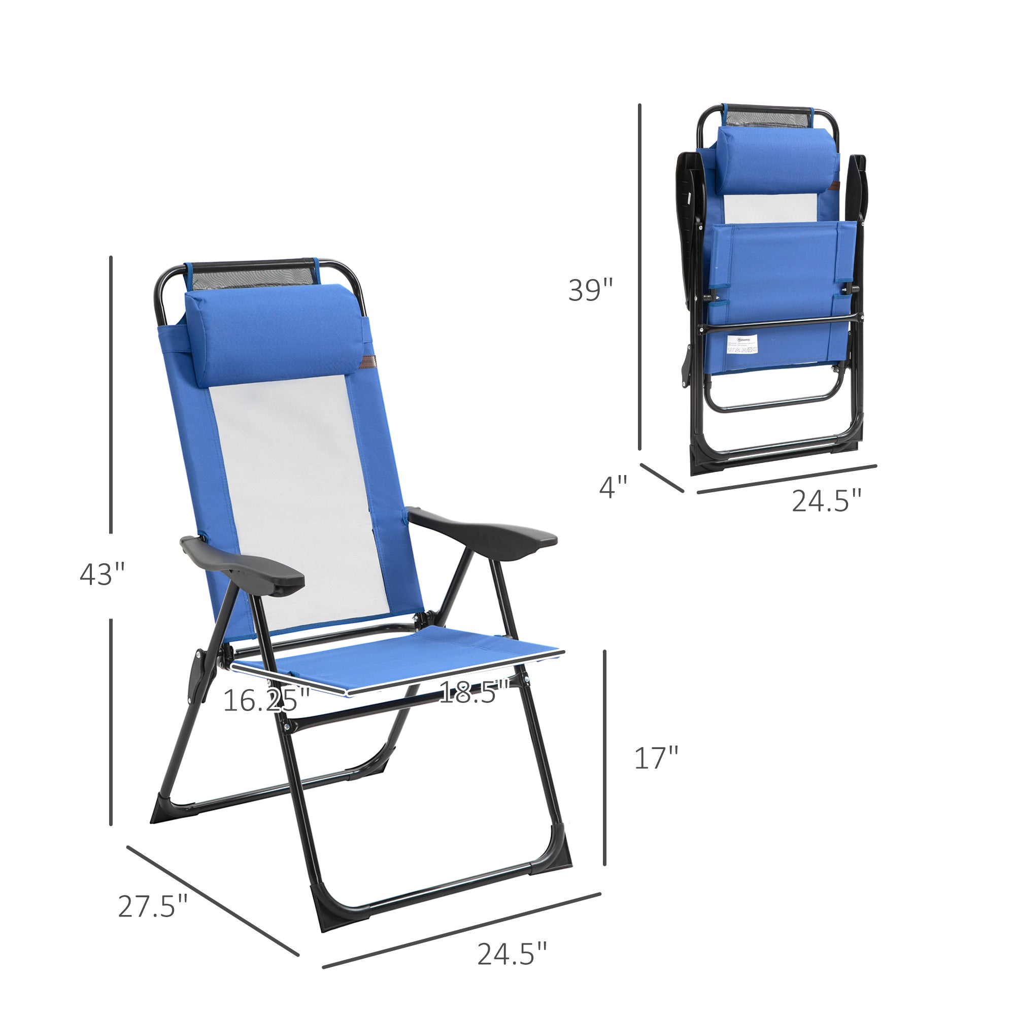 Folding Patio Dining Chairs Set of 2, Outdoor Deck Chair with Removable Headrest, Camping Chair with Adjustable Sling Back for Garden, Backyard, Lawn, Blue
