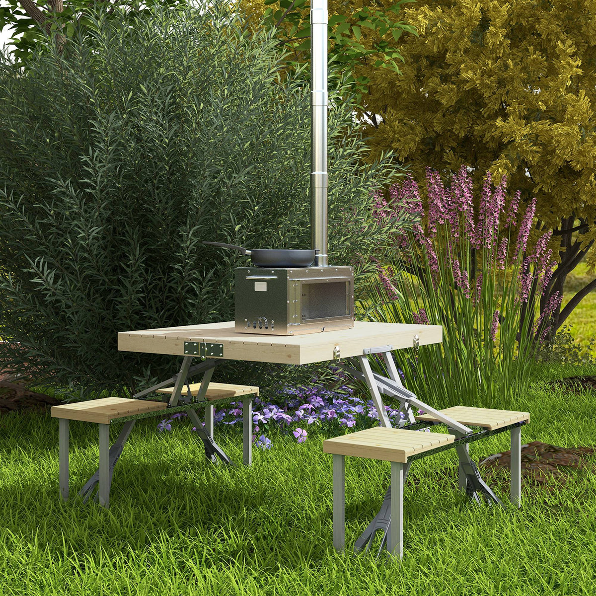 Aluminum Frame Folding Picnic Table, Portable Camping Table and Chairs Set with Umbrella Hole