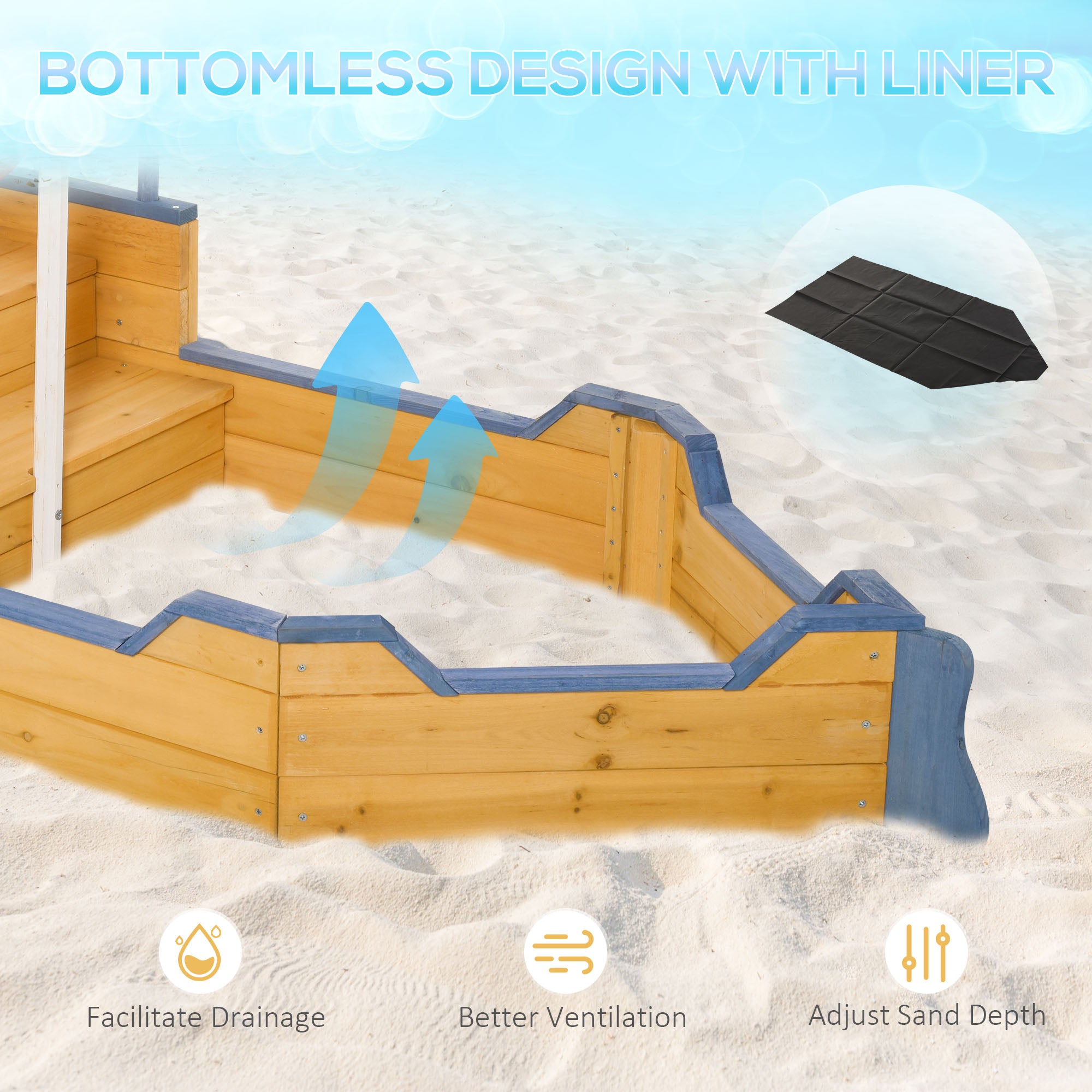 Kids Wooden Sandbox Pirate Ship Sandboat w/ Bench Seat Storage Space Ceder Wood
