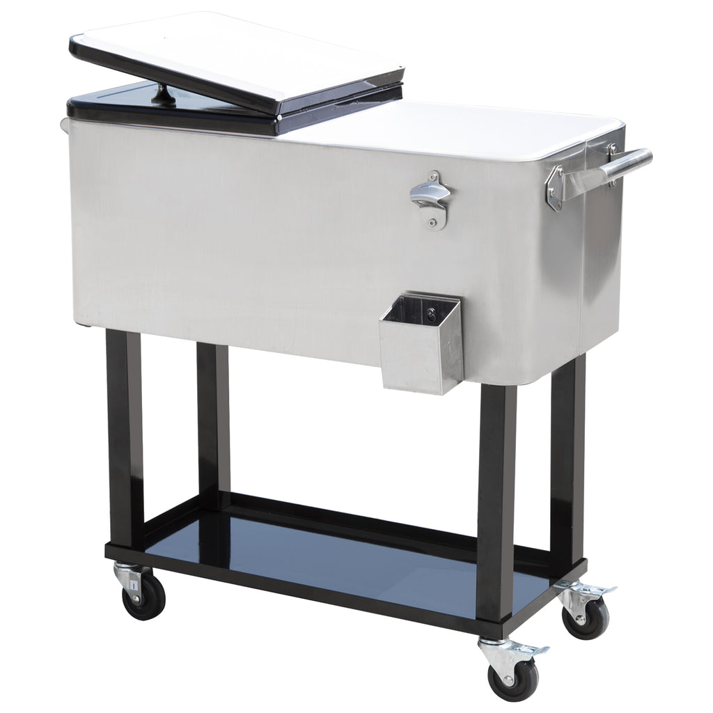 80 QT Rolling Cooling Bins Ice Chest on Wheels Outdoor Stand Up Drink Cooler Cart for Party, Silver