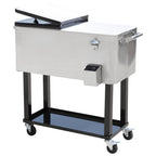 80 QT Rolling Cooling Bins Ice Chest on Wheels Outdoor Stand Up Drink Cooler Cart for Party, Silver