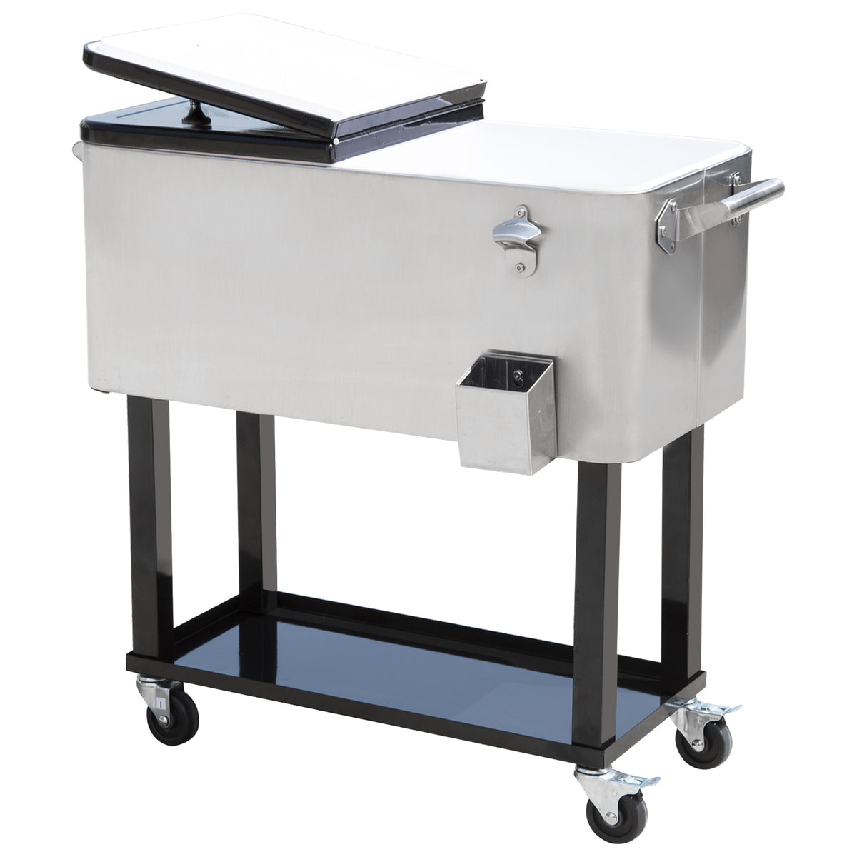80 QT Rolling Cooling Bins Ice Chest on Wheels Outdoor Stand Up Drink Cooler Cart for Party, Silver