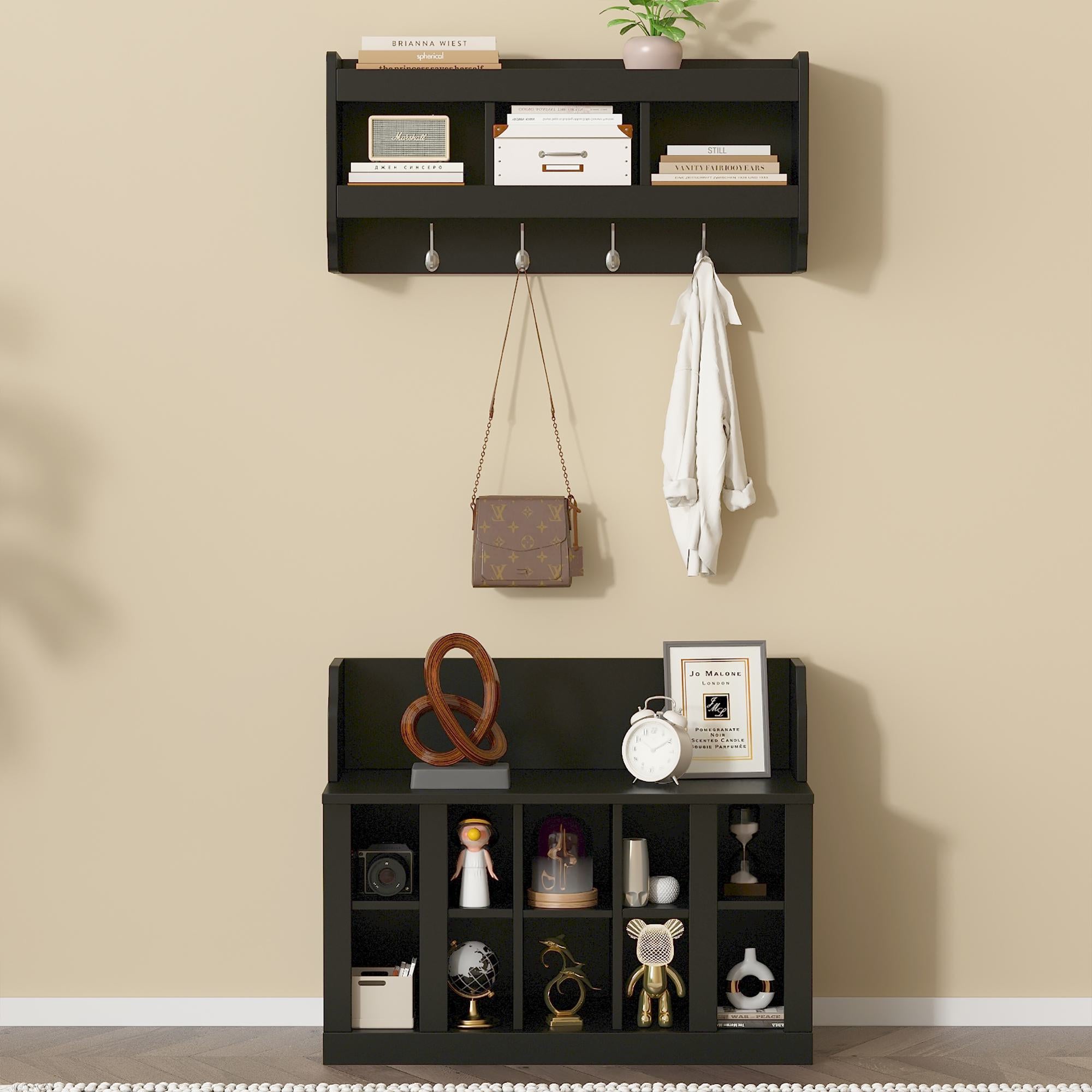 Shoe Cabinet Storage with Shelves and 4 Hooks, Elegant Hall Tree with Wall Mounted Coat Rack, Entryway Organizer for Hallway, Mudroom, Black