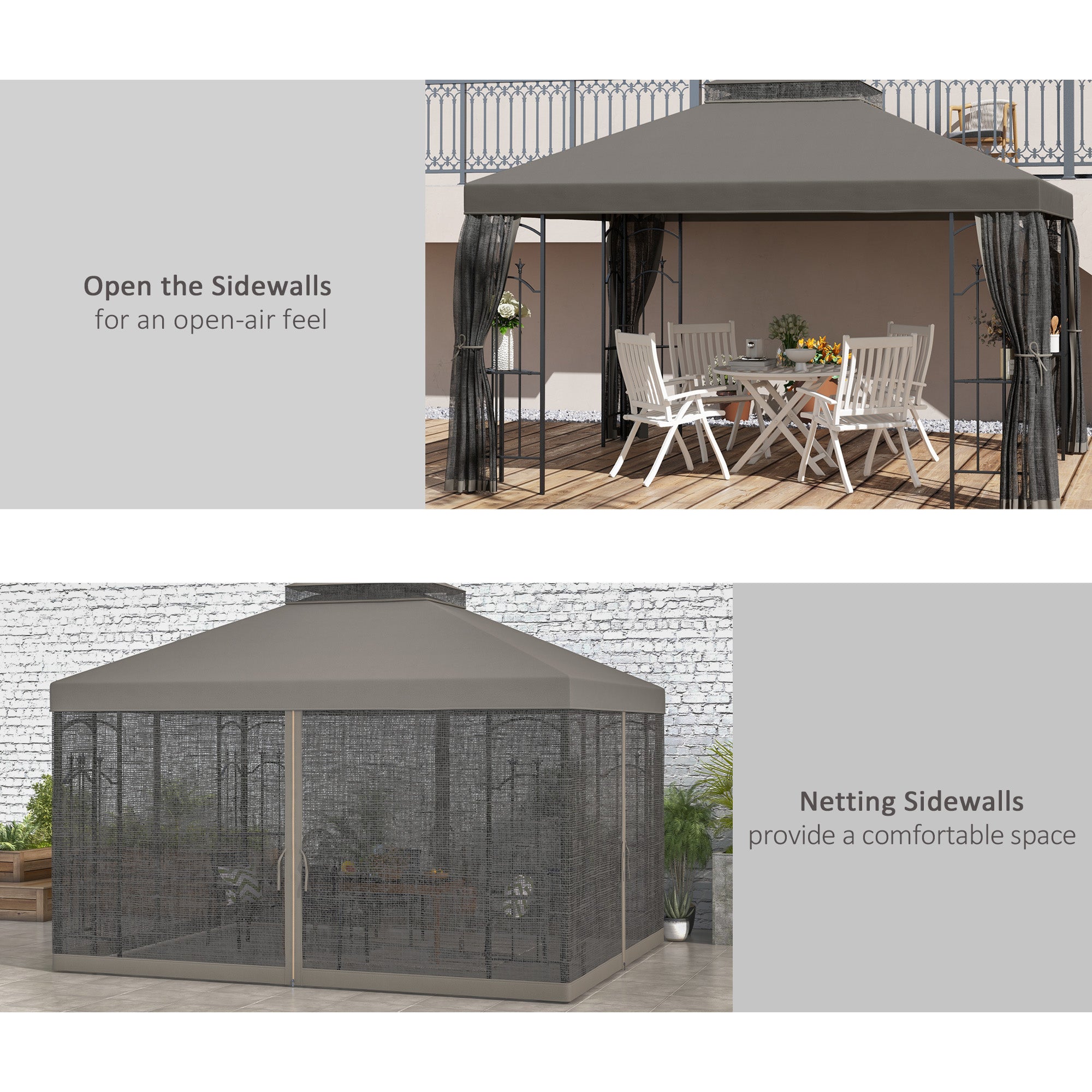 10x12 Gazebo with Shelves, Double Roof, and Netting for Outdoor Use, Perfect for Family Gatherings, Gray