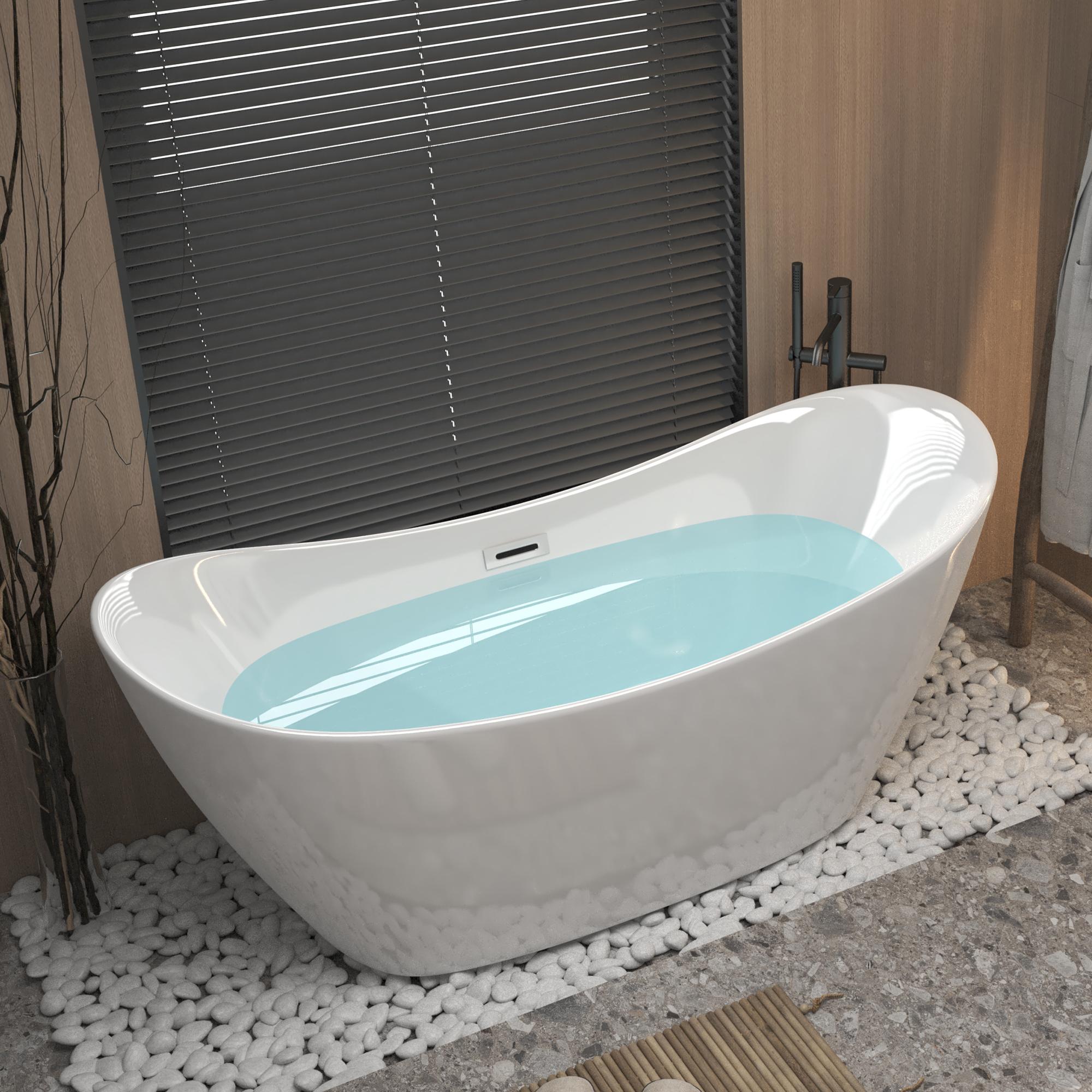 59" Freestanding Acrylic Tub with Adjustable Leveling Feet, Bathtub with Pop‑Up Drain & Chrome Overflow, 59" L x 29.5" W x 26" H, Gloss White